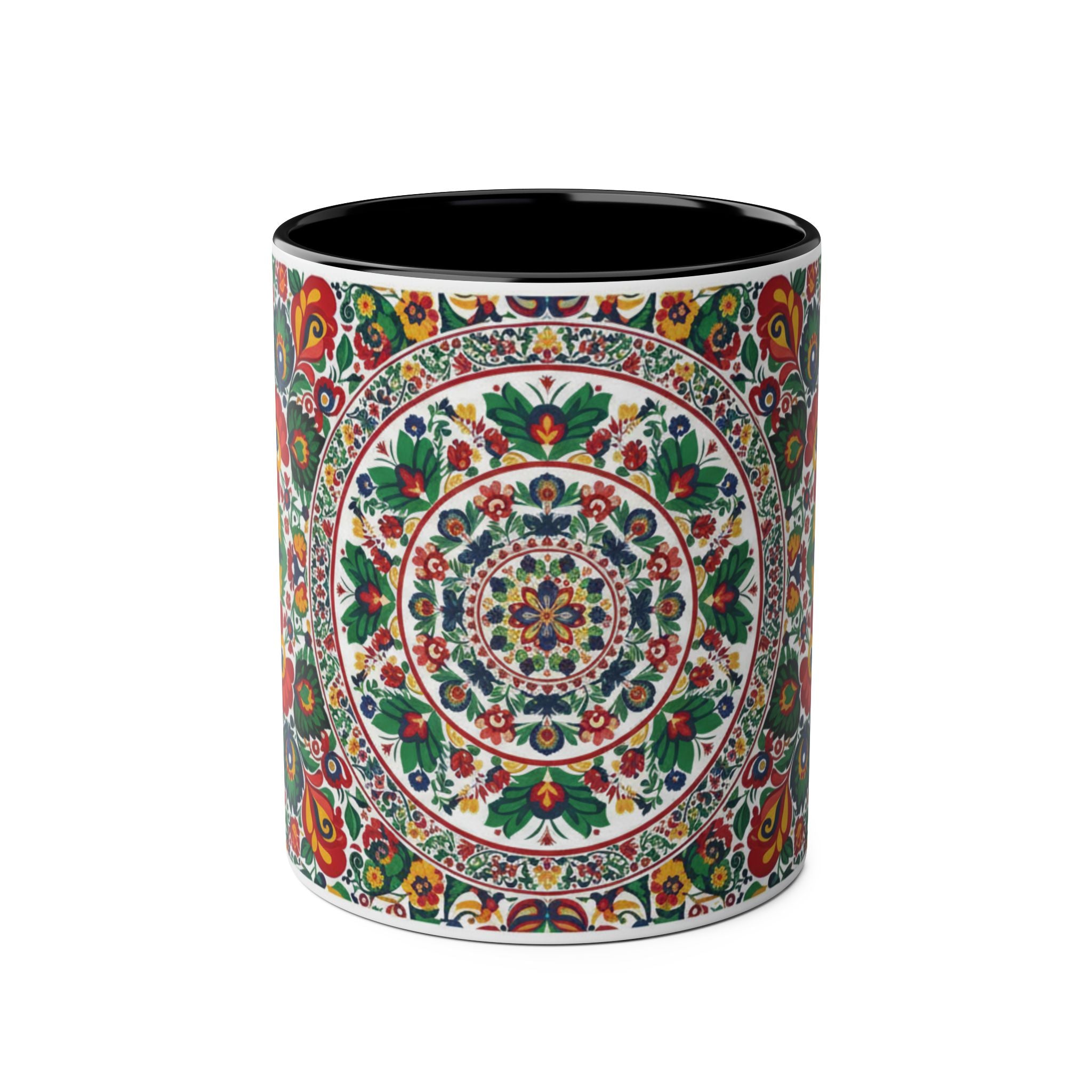 Floral Mandala Two-Tone Coffee Mug — Colorful Folk Art 11oz