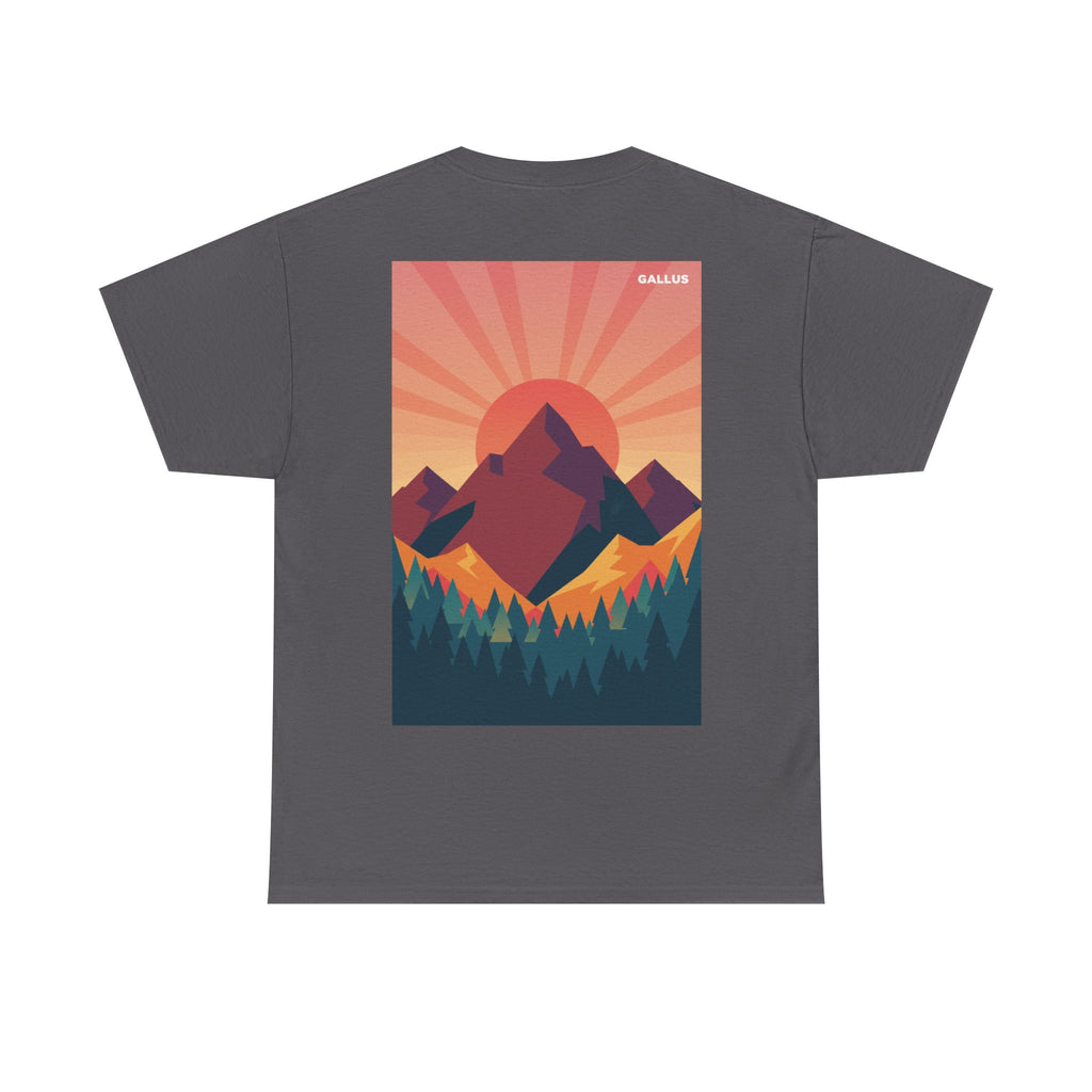Mountain Sunset T-Shirt — Retro Nature Graphic Tee with 'GALLUS' Logo