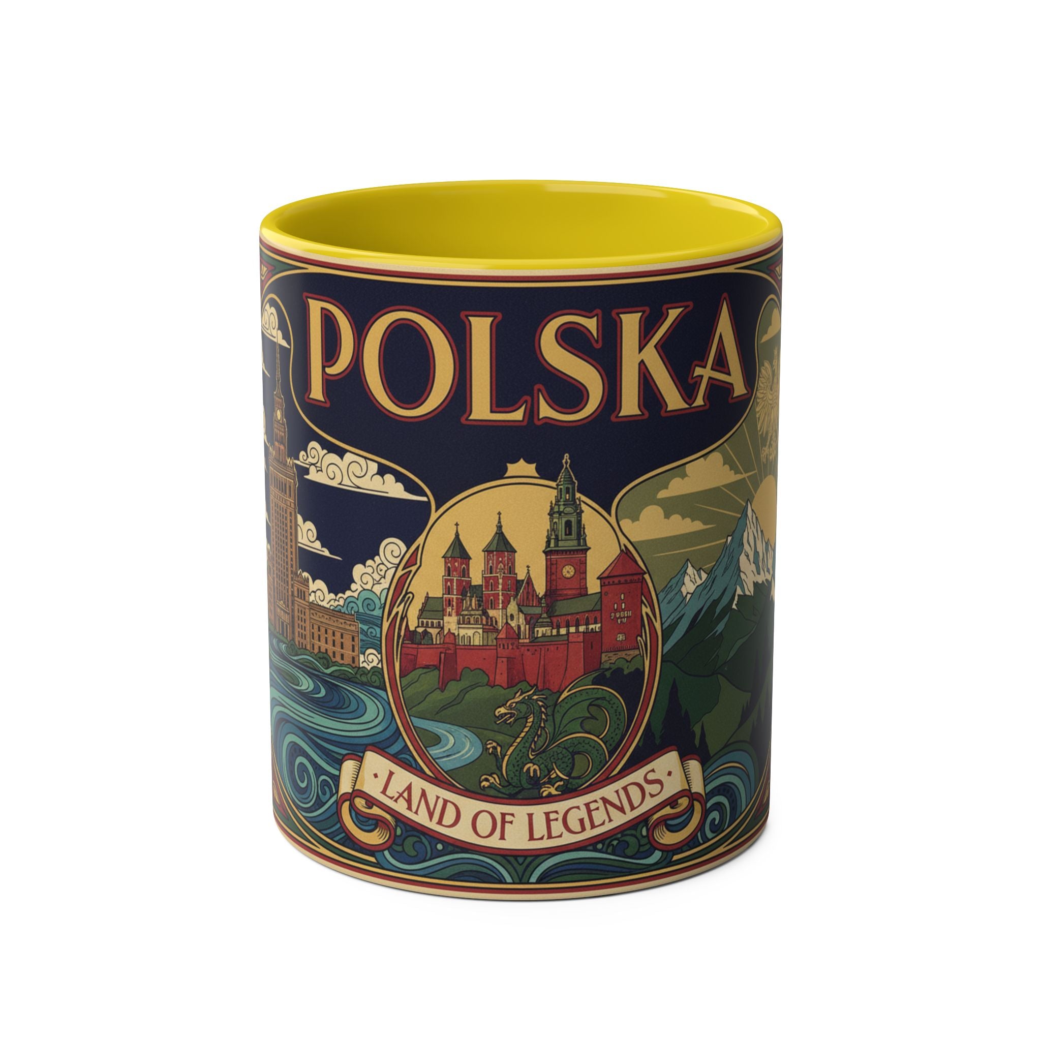 Polska 'Land of Legends' Two-Tone Coffee Mug — 11oz Polish Travel Poster Design
