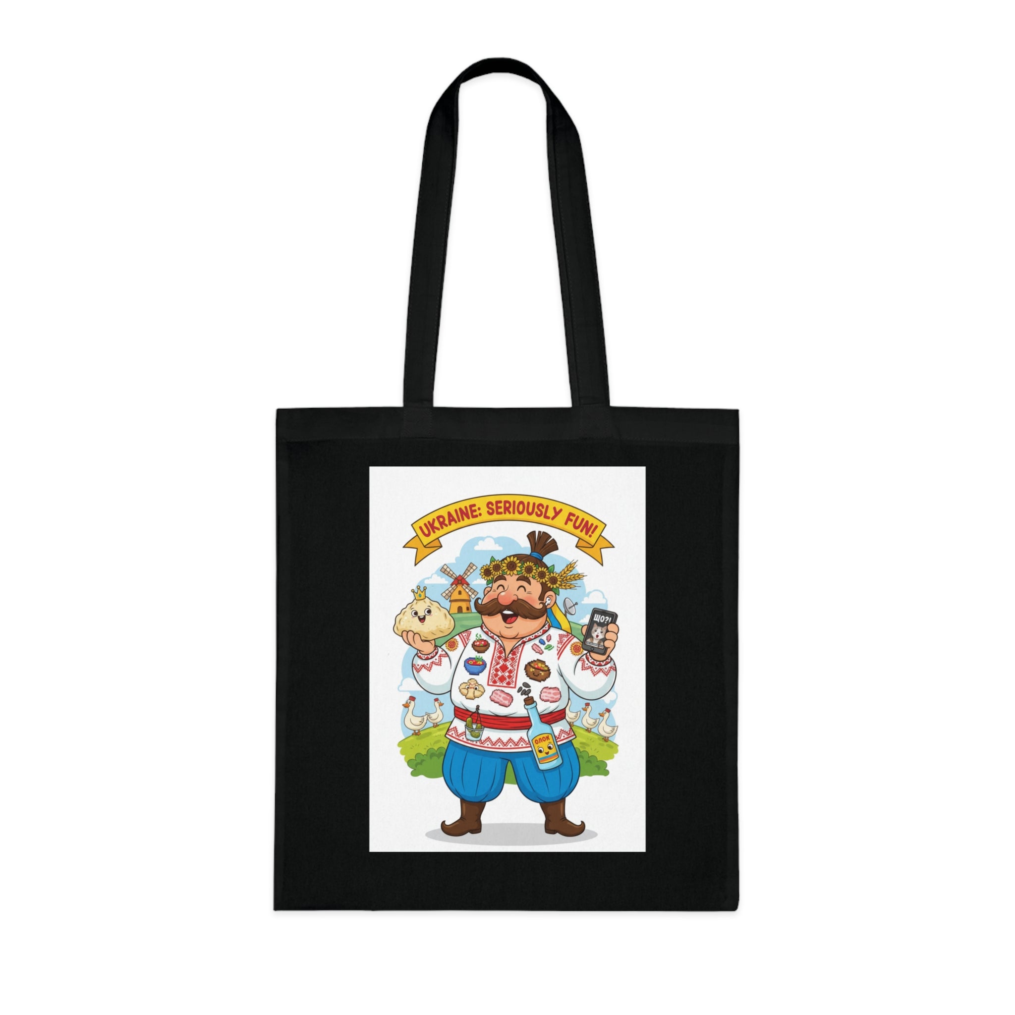 Ukrainian Pride Cotton Tote — "Ukraine Seriously? Fun!" Folk Character Market Bag