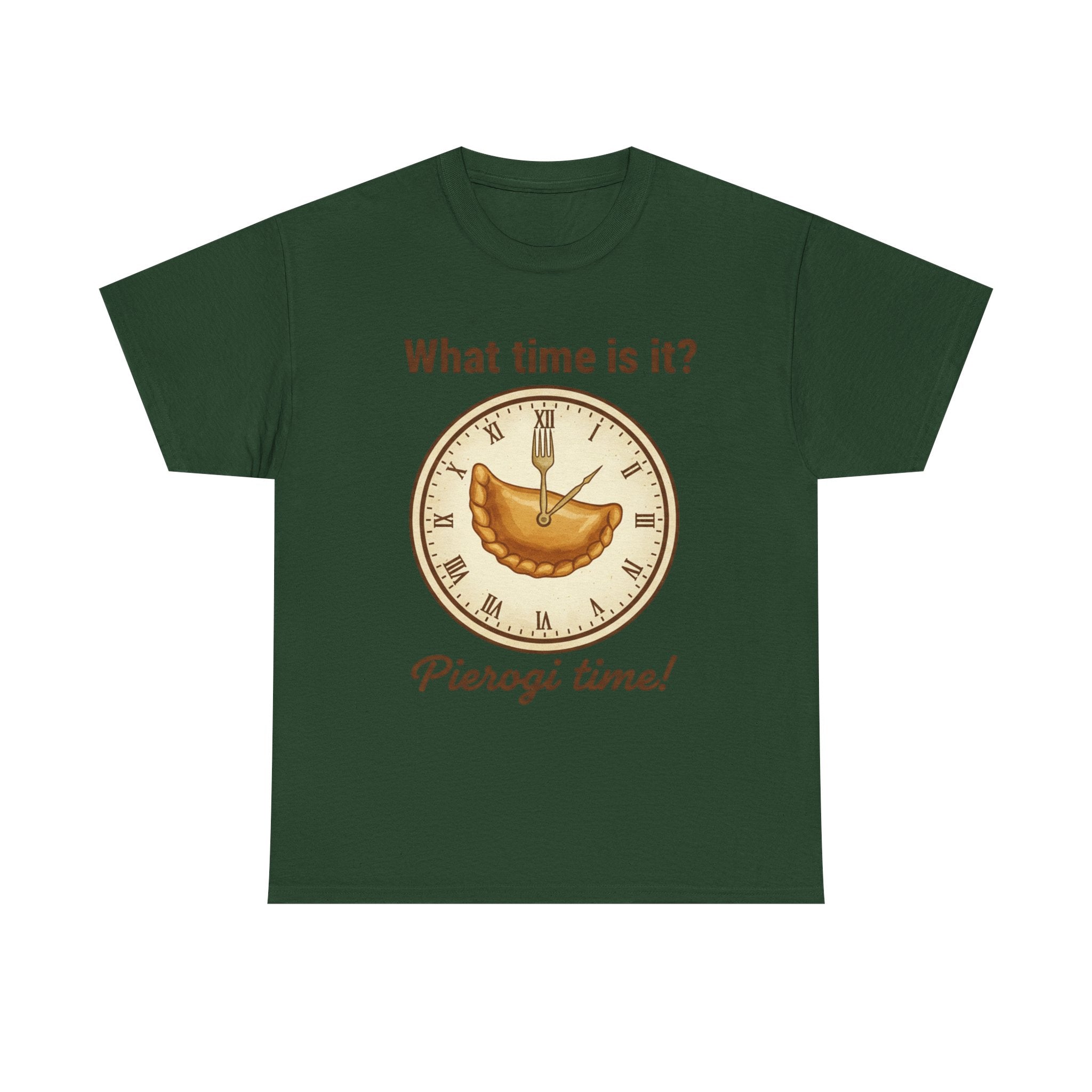 Pierogi Time T‑Shirt — "What time is it? Pierogi time!" Vintage Clock Food Tee