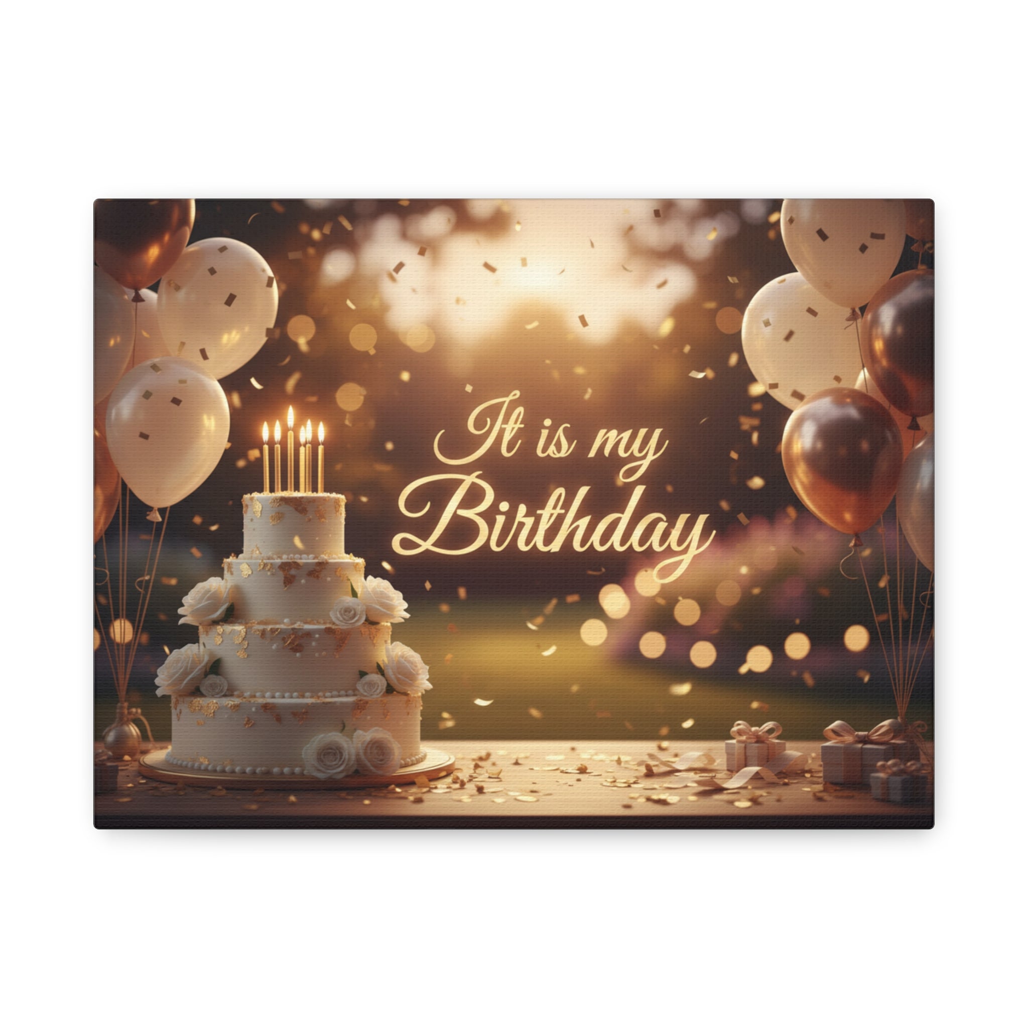 Birthday Canvas Wall Art - "It Is My Birthday" Celebration Cake & Balloons Matte Stretched Canvas