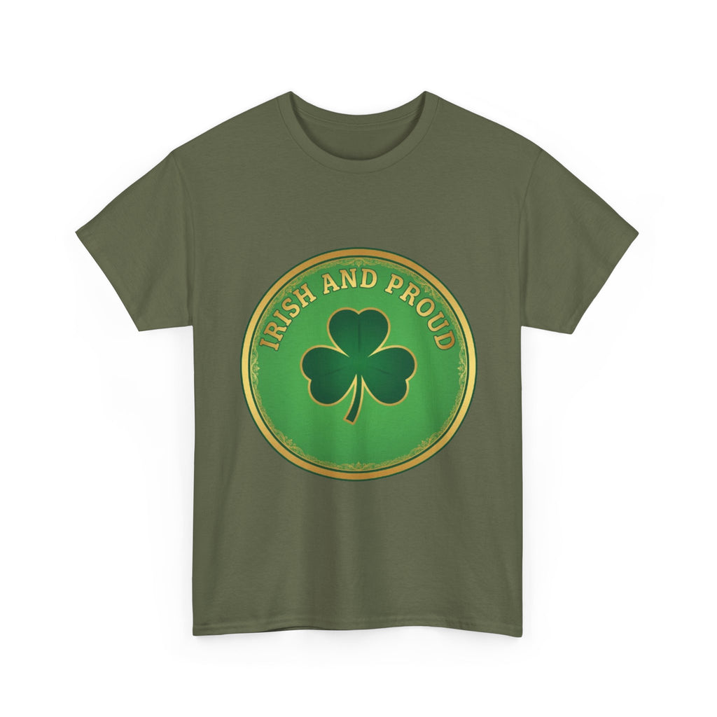 Irish and Proud T-Shirt — Green Shamrock Emblem Tee for St. Patrick's Day