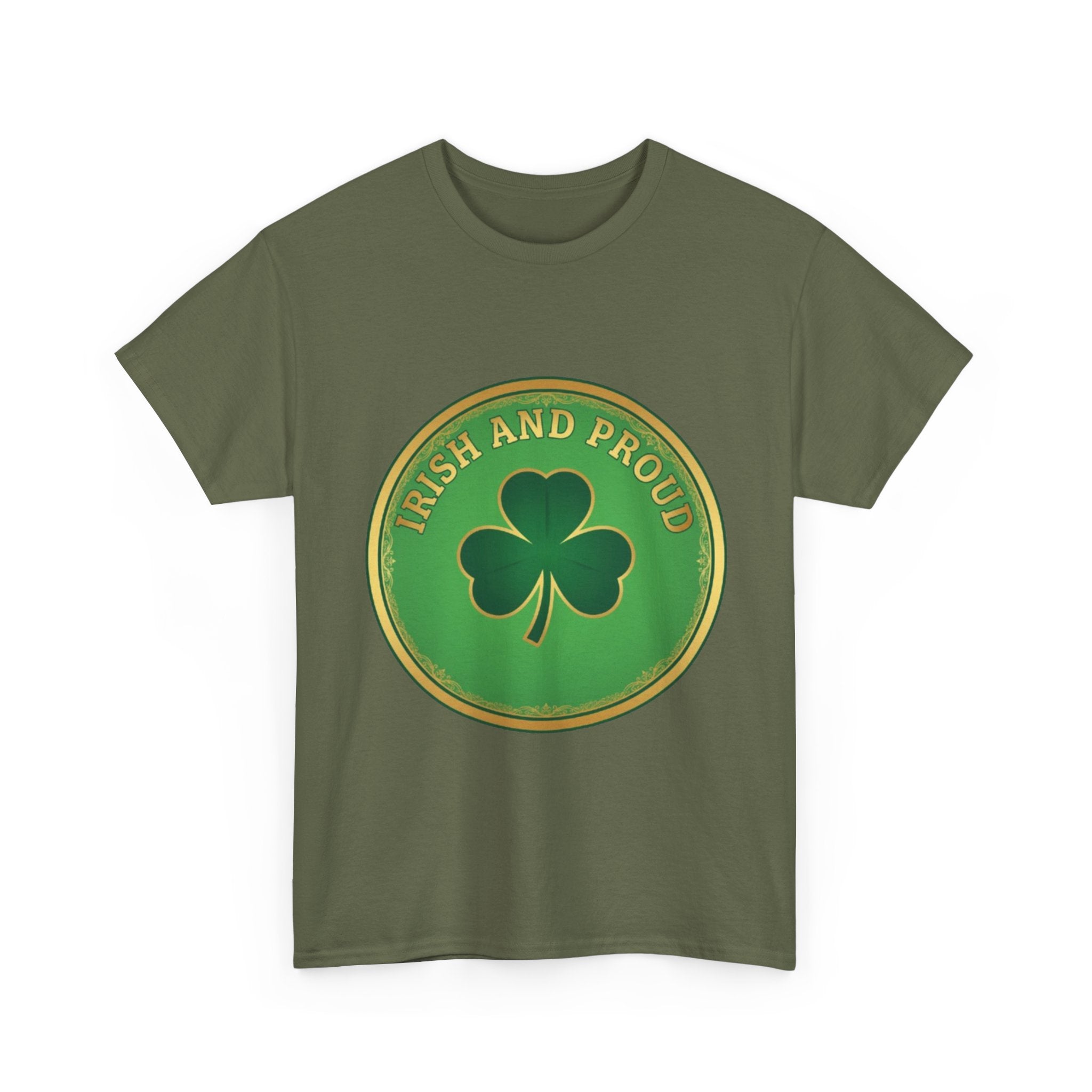 Irish and Proud T-Shirt — Green Shamrock Emblem Tee for St. Patrick's Day