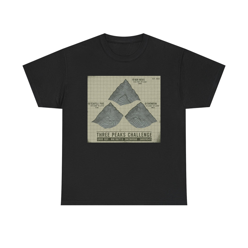 Three Peaks Challenge Graphic T-Shirt — Retro UK Mountain Summit Tee