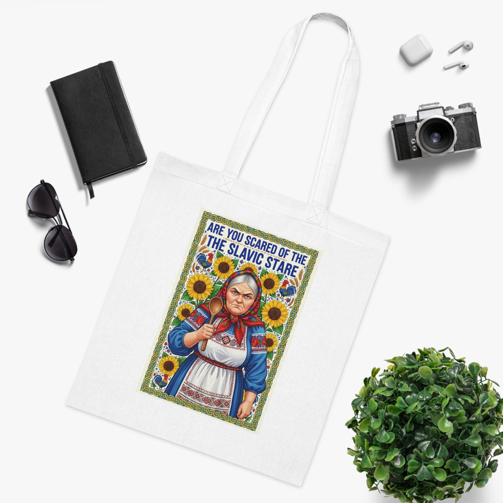 Slavic Stare Cotton Tote — Funny Folk Art Sunflower Reusable Bag