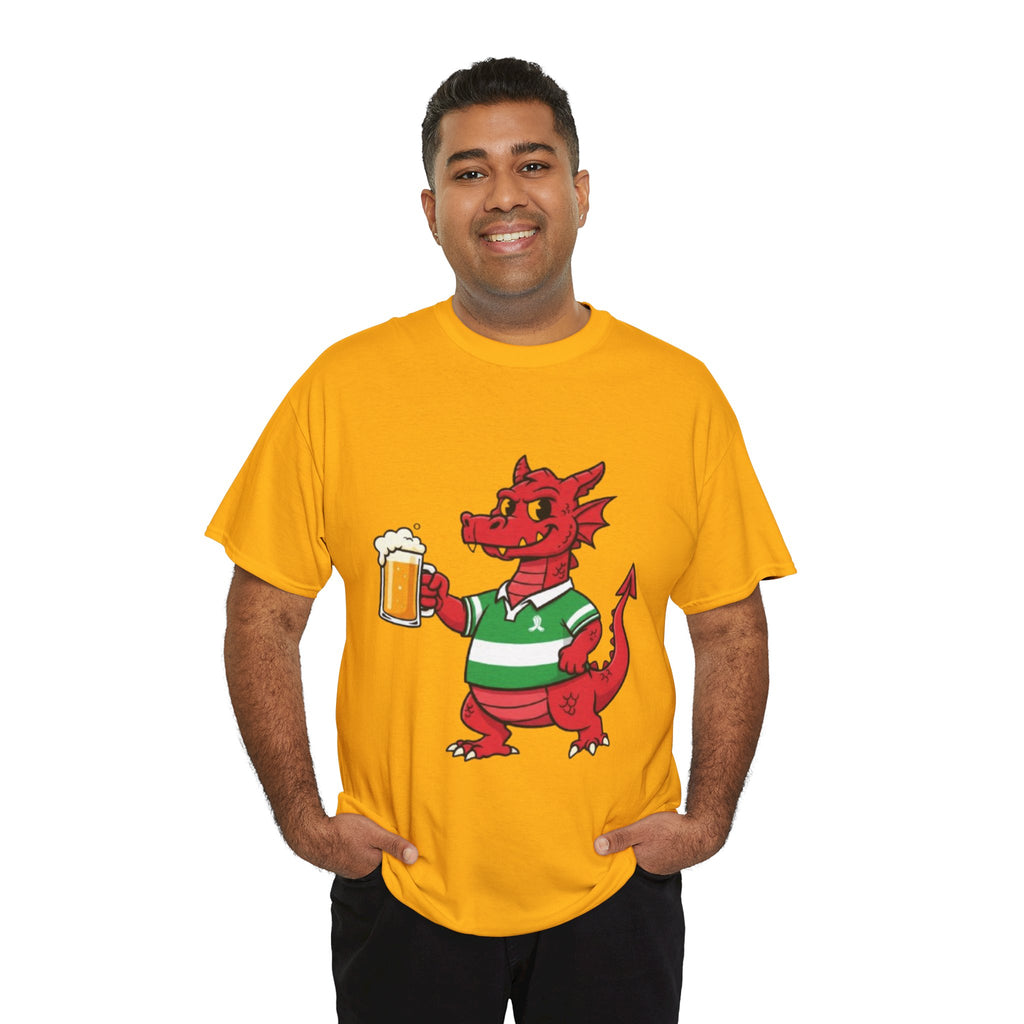 Dragon Cheers T‑Shirt — Cute Red Dragon Holding Beer Graphic Tee