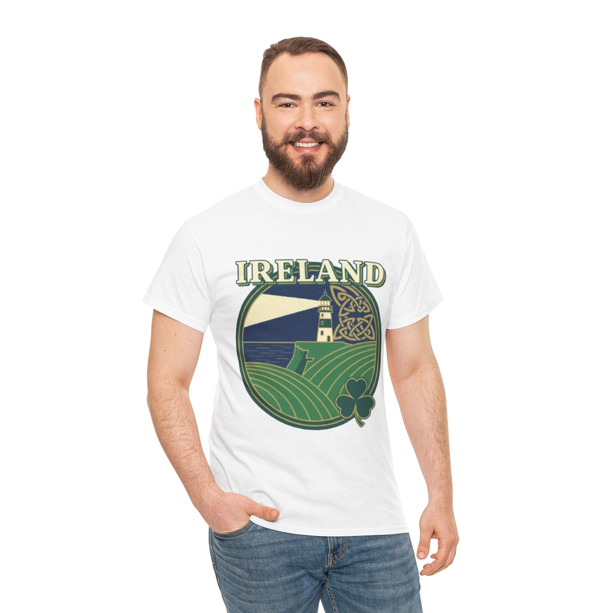 Ireland Scenic Tee — Celtic Lighthouse & Shamrock Graphic T-Shirt