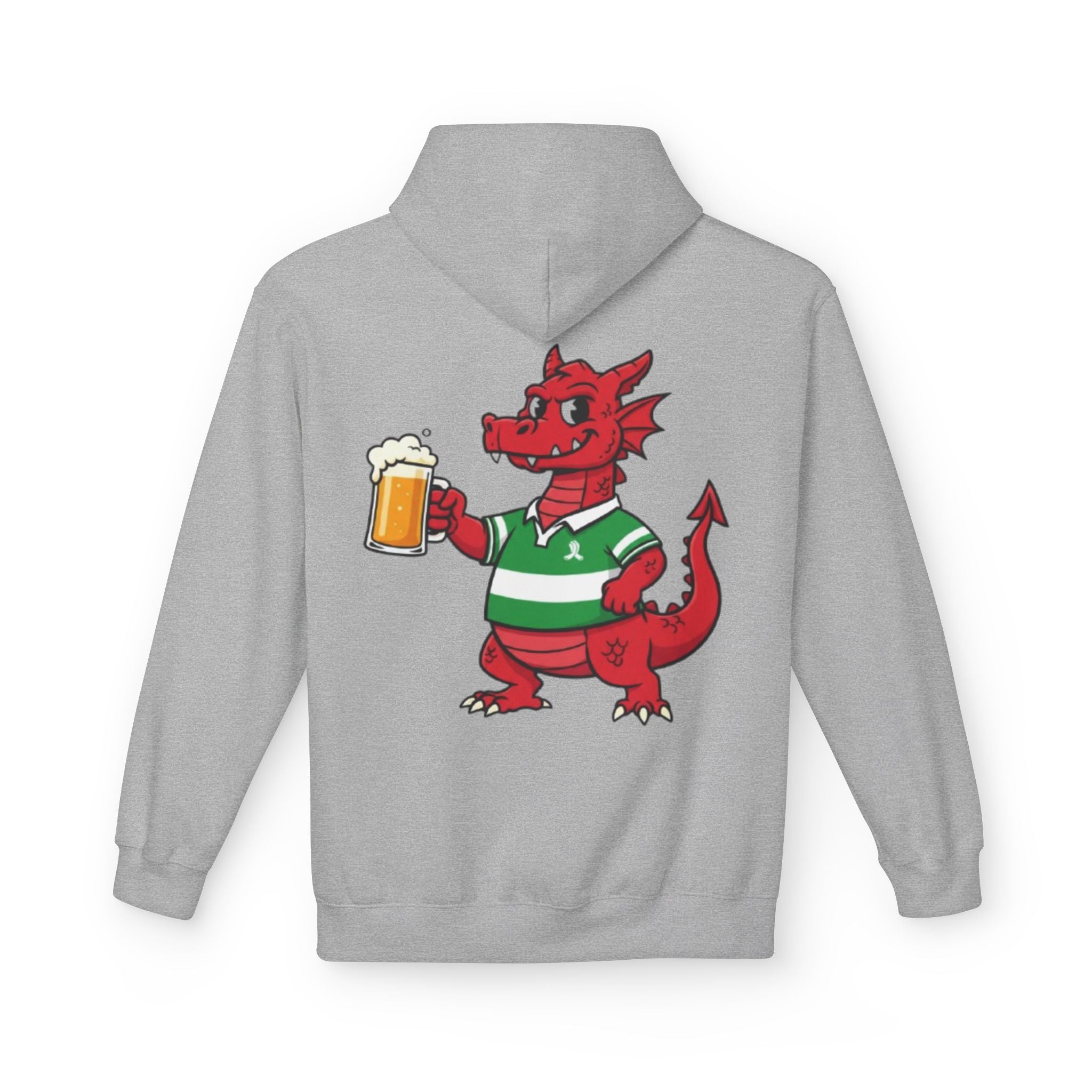 Welsh Dragon Drinking Beer Hoodie — Rugby Pub Fan Pullover