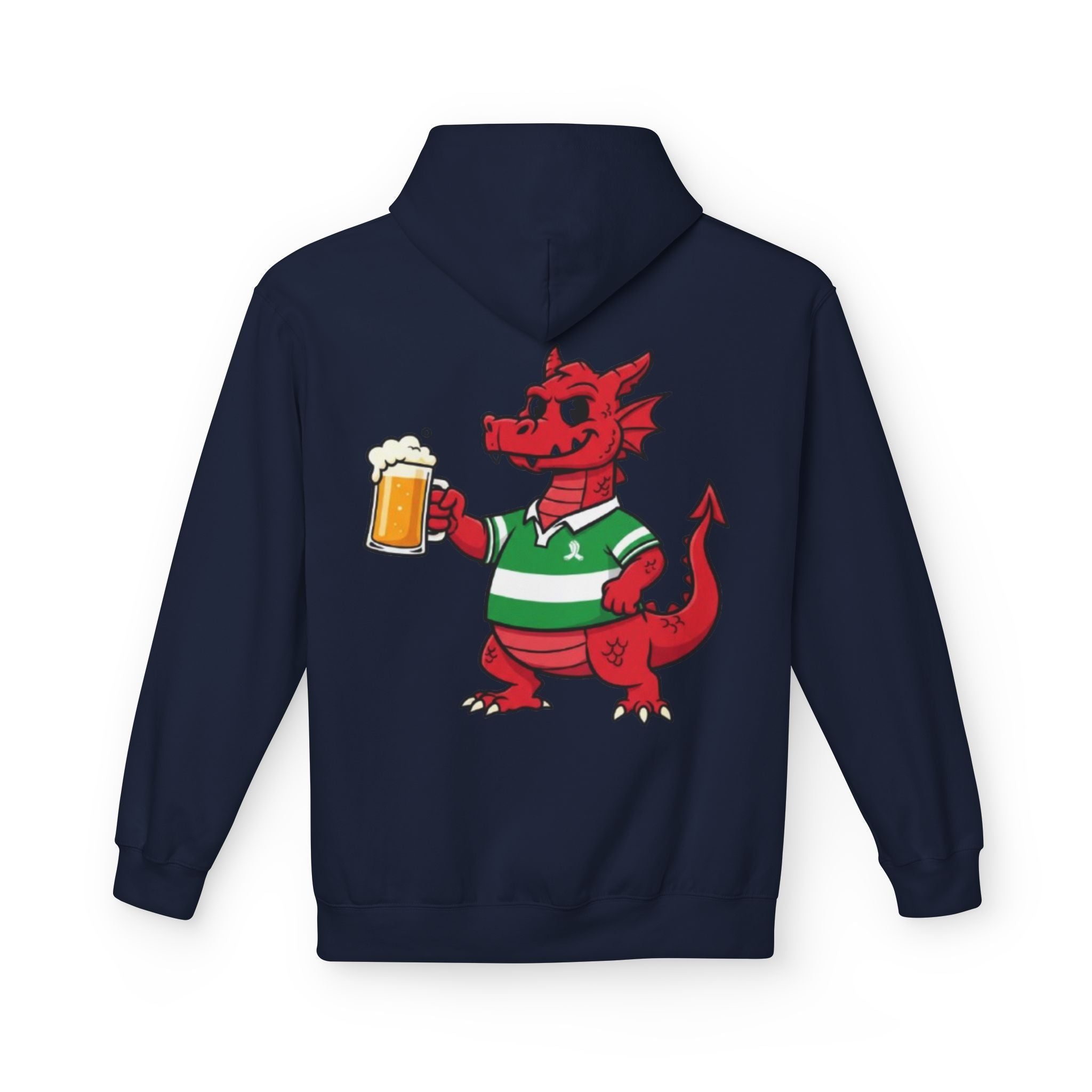 Welsh Dragon Drinking Beer Hoodie — Rugby Pub Fan Pullover