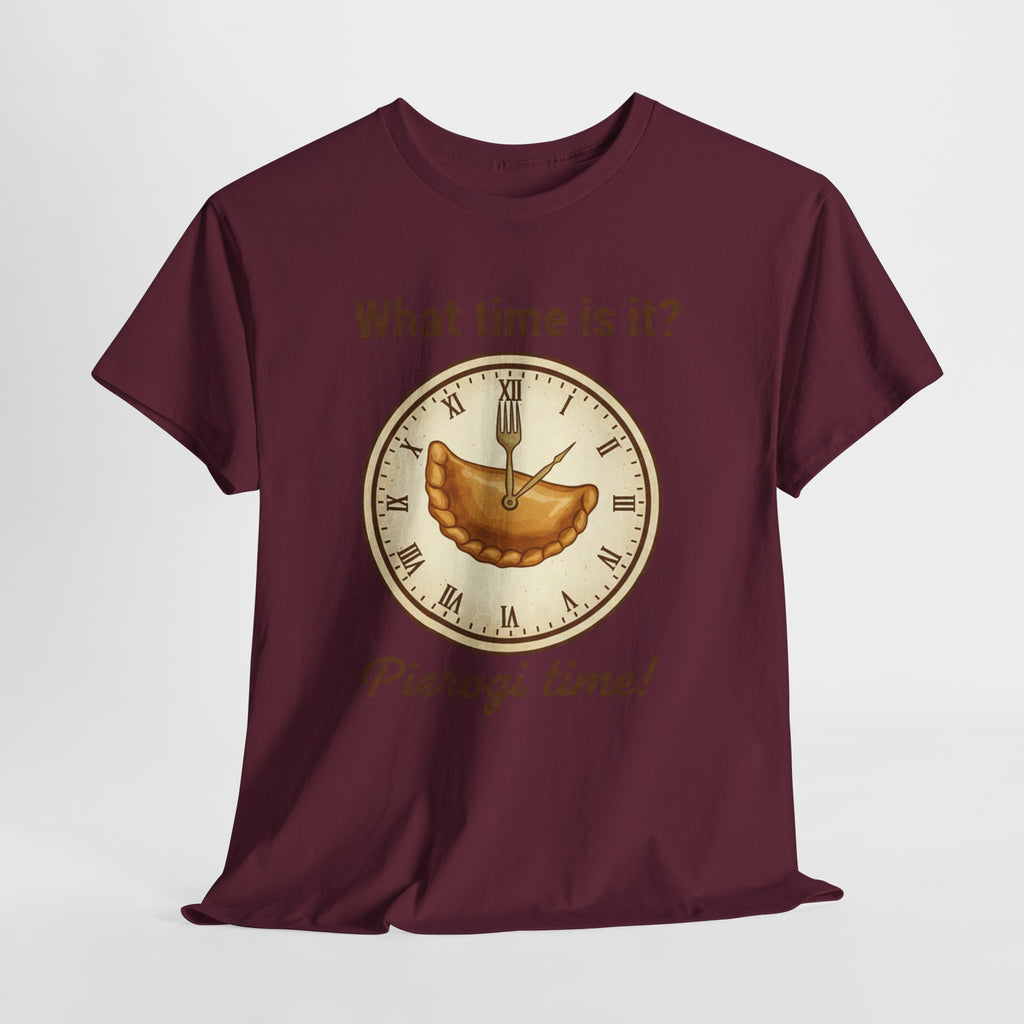 Pierogi Time T‑Shirt — "What time is it? Pierogi time!" Vintage Clock Food Tee