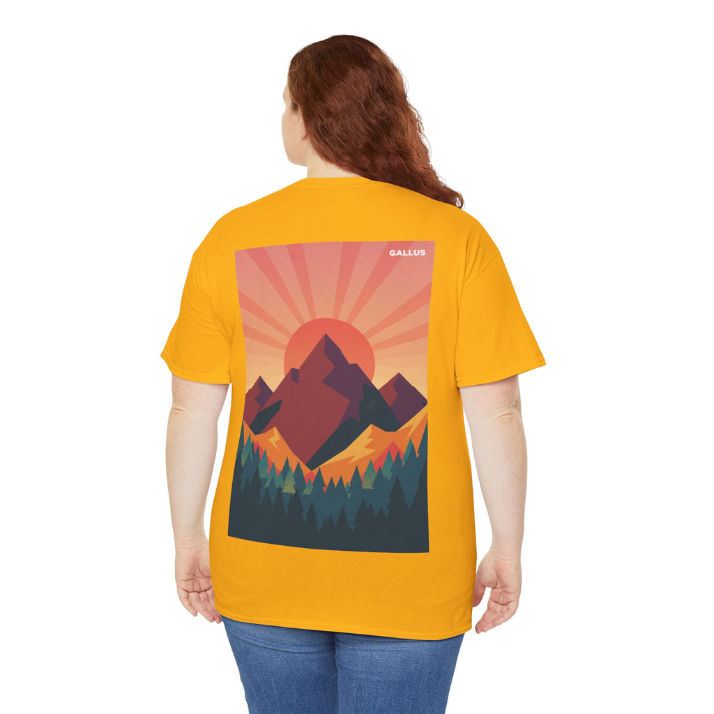 Mountain Sunset T-Shirt — Retro Nature Graphic Tee with 'GALLUS' Logo