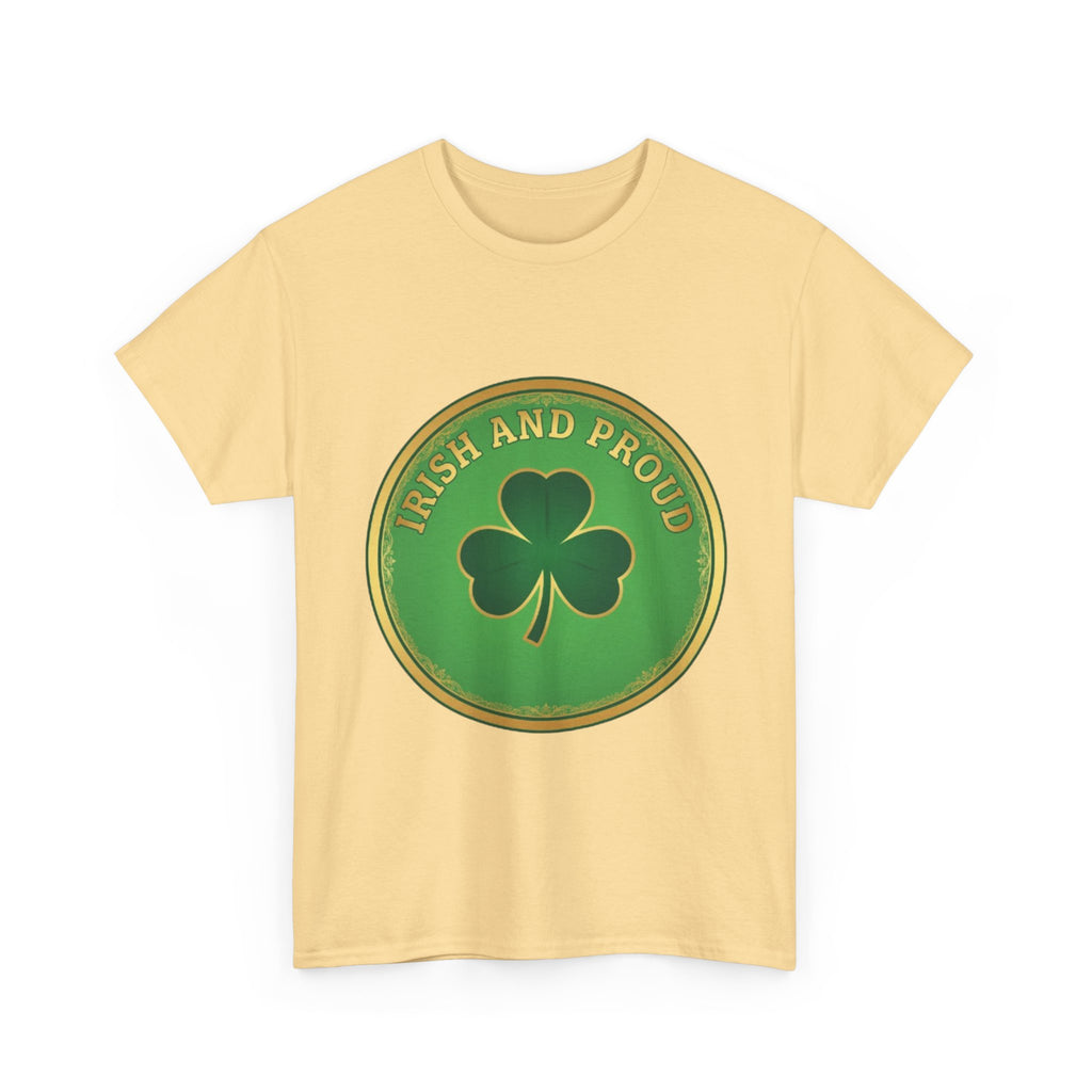 Irish and Proud T-Shirt — Green Shamrock Emblem Tee for St. Patrick's Day