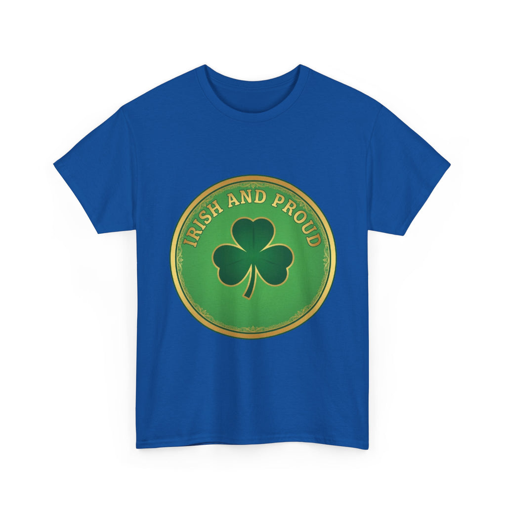 Irish and Proud T-Shirt — Green Shamrock Emblem Tee for St. Patrick's Day