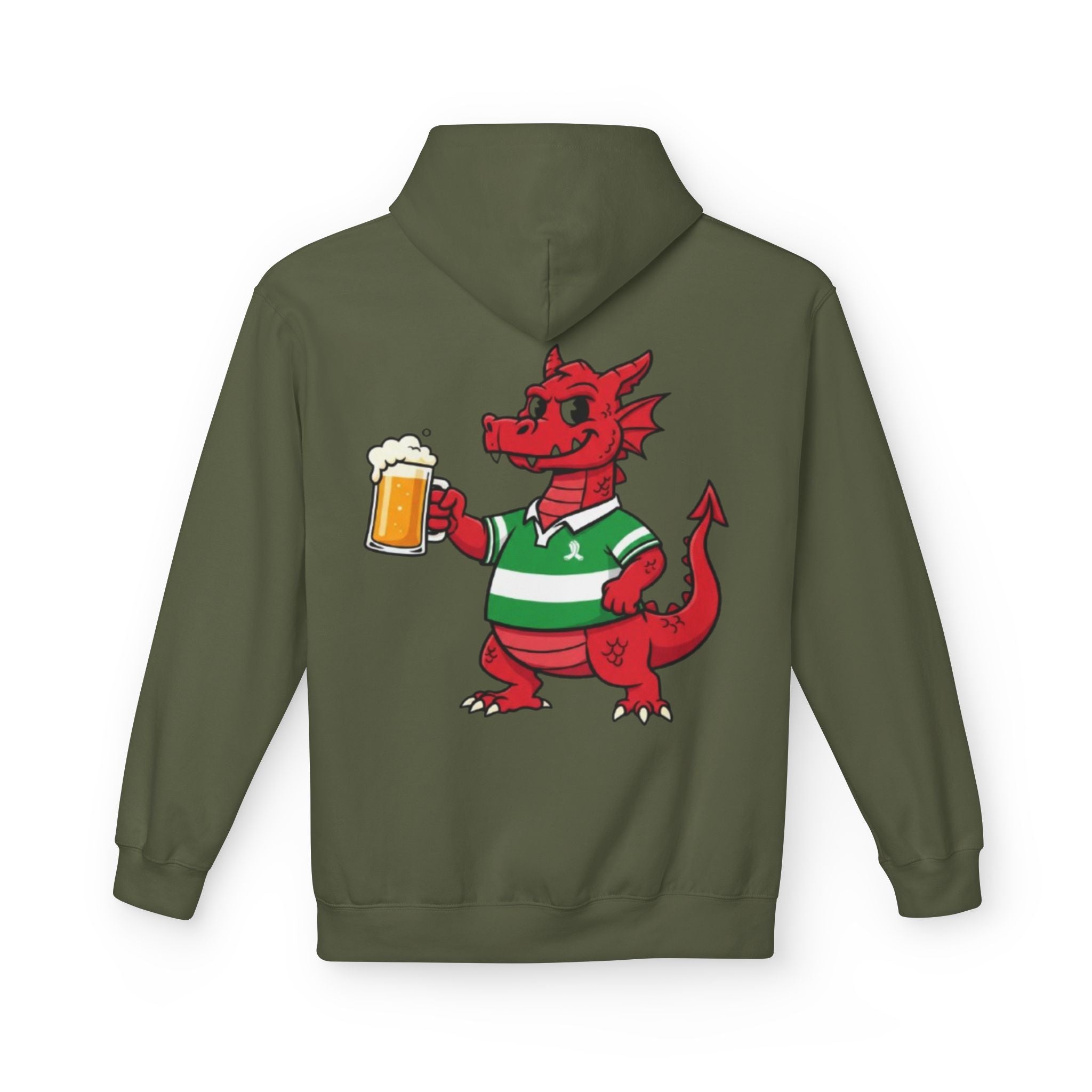 Welsh Dragon Drinking Beer Hoodie — Rugby Pub Fan Pullover