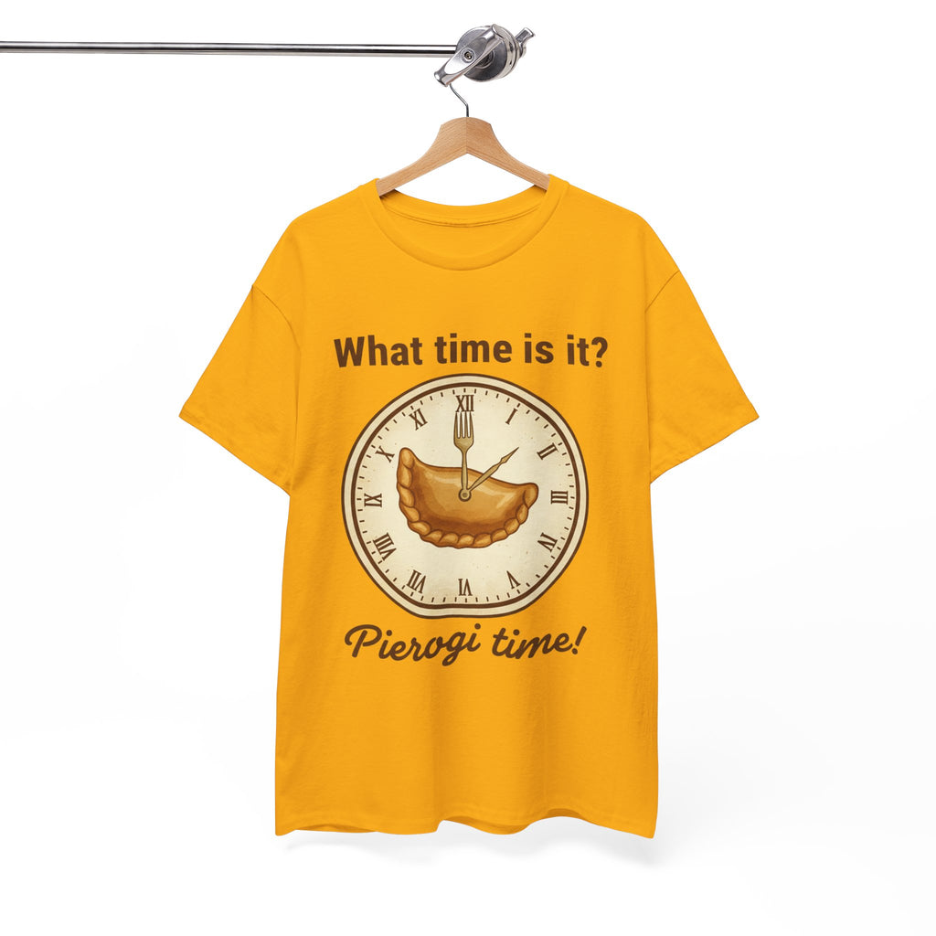 Pierogi Time T‑Shirt — "What time is it? Pierogi time!" Vintage Clock Food Tee