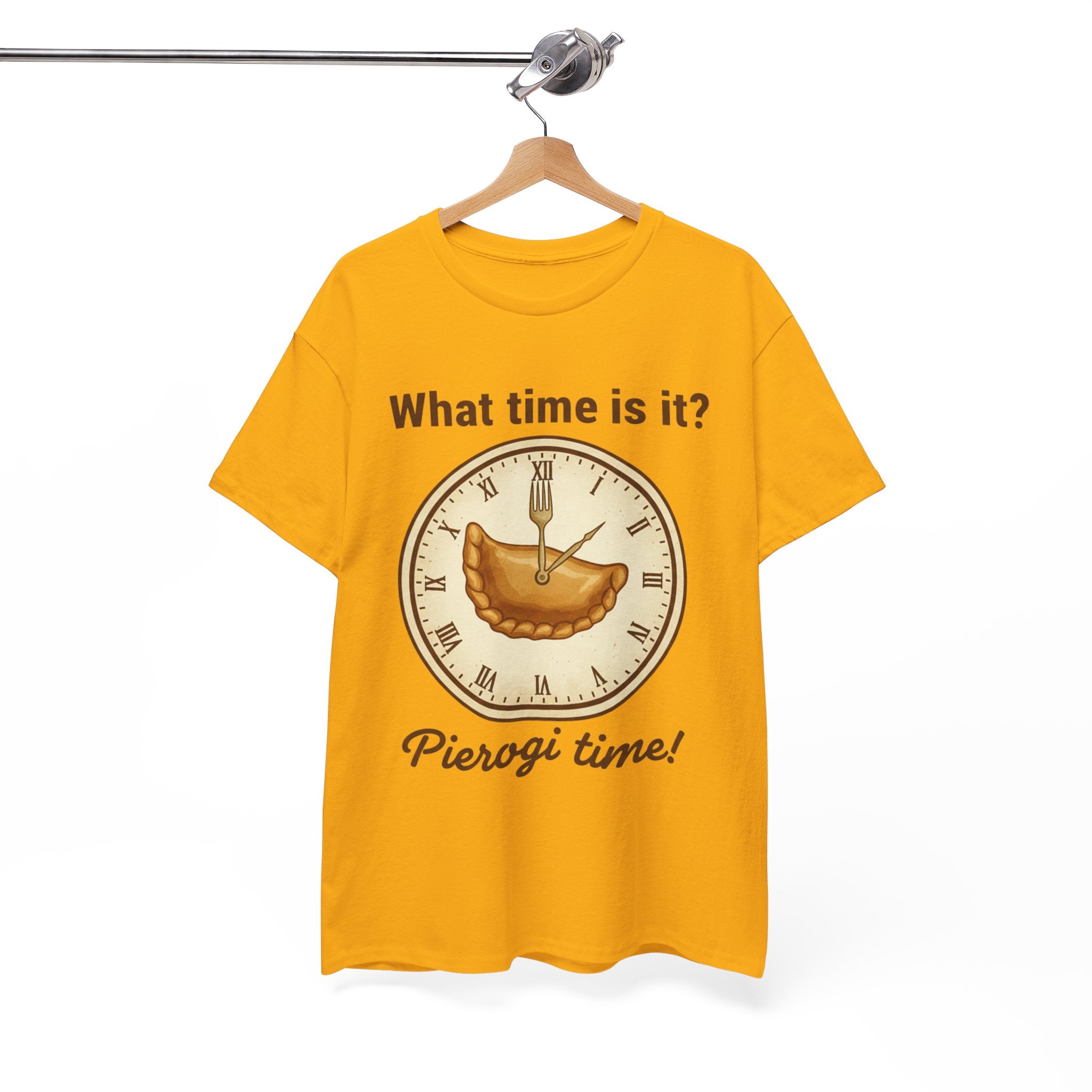 Pierogi Time T‑Shirt — "What time is it? Pierogi time!" Vintage Clock Food Tee