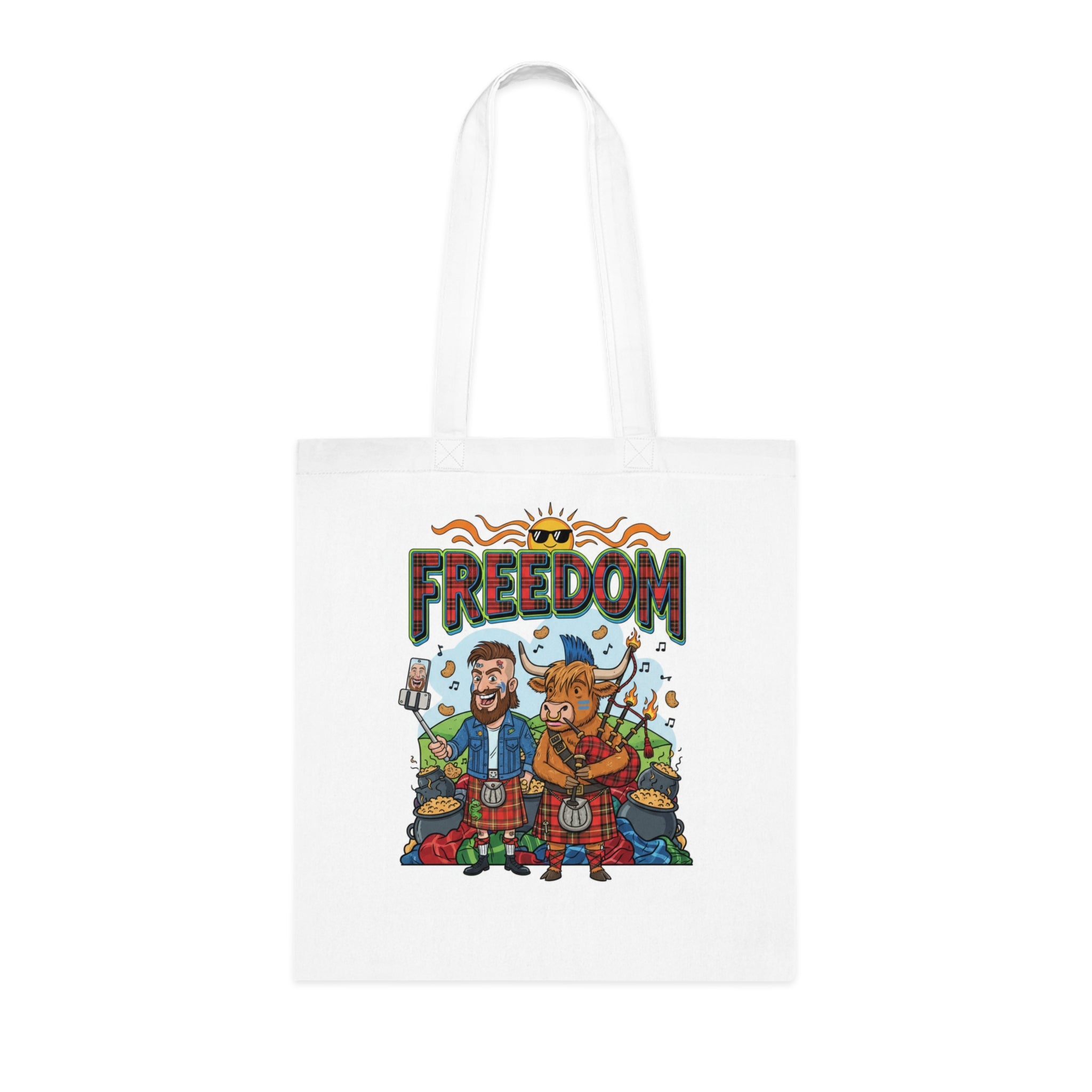 Freedom Scottish Highlanders Cotton Tote — Funny Kilted Bagpipes Design