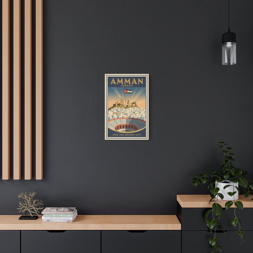 Amman Jordan Vintage Travel Canvas – "Visit the Ancient City" Stretched Wall Art