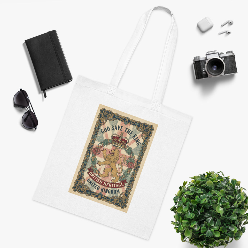 British Heritage Tote Bag — Vintage "God Save The King" Crest Cotton Tote