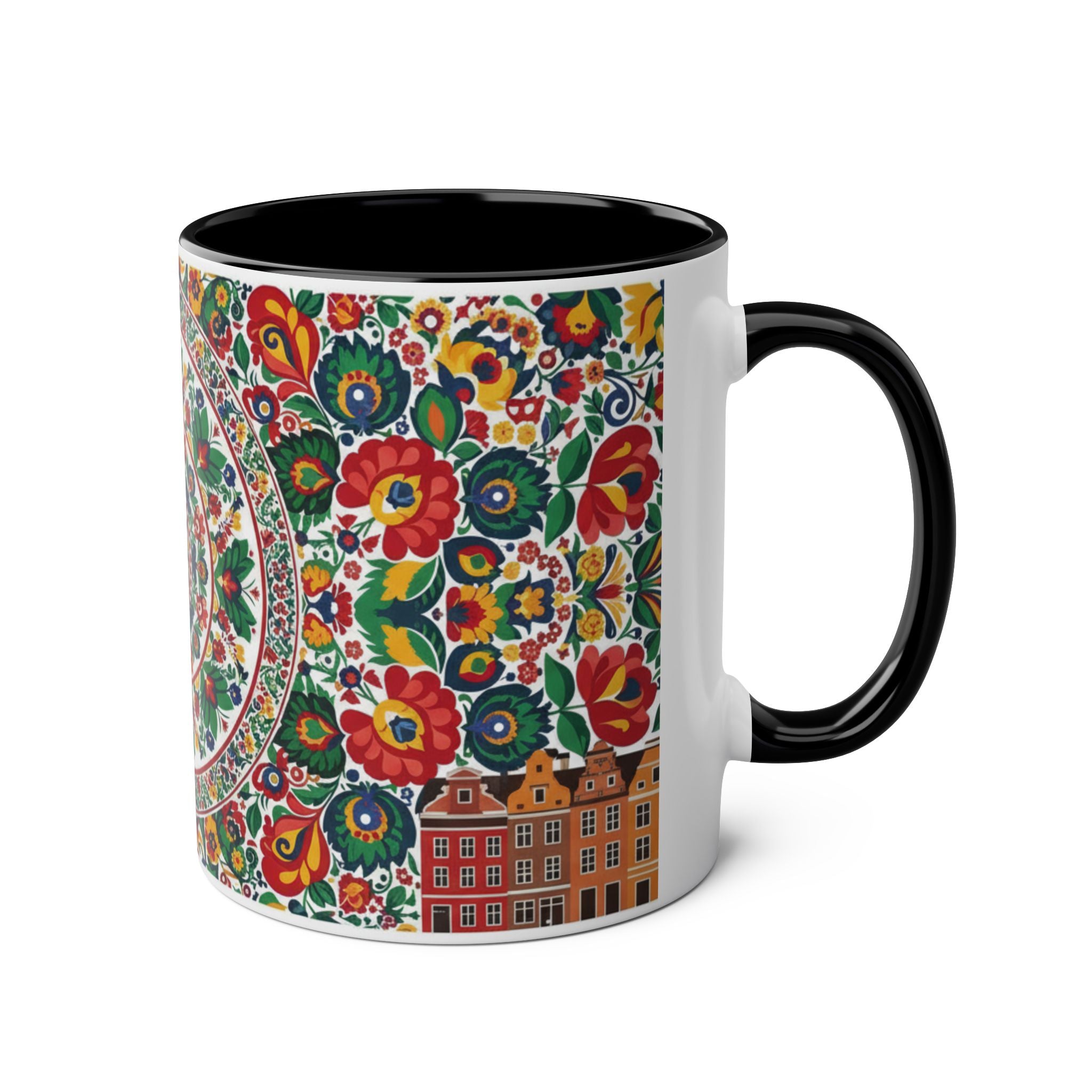 Floral Mandala Two-Tone Coffee Mug — Colorful Folk Art 11oz
