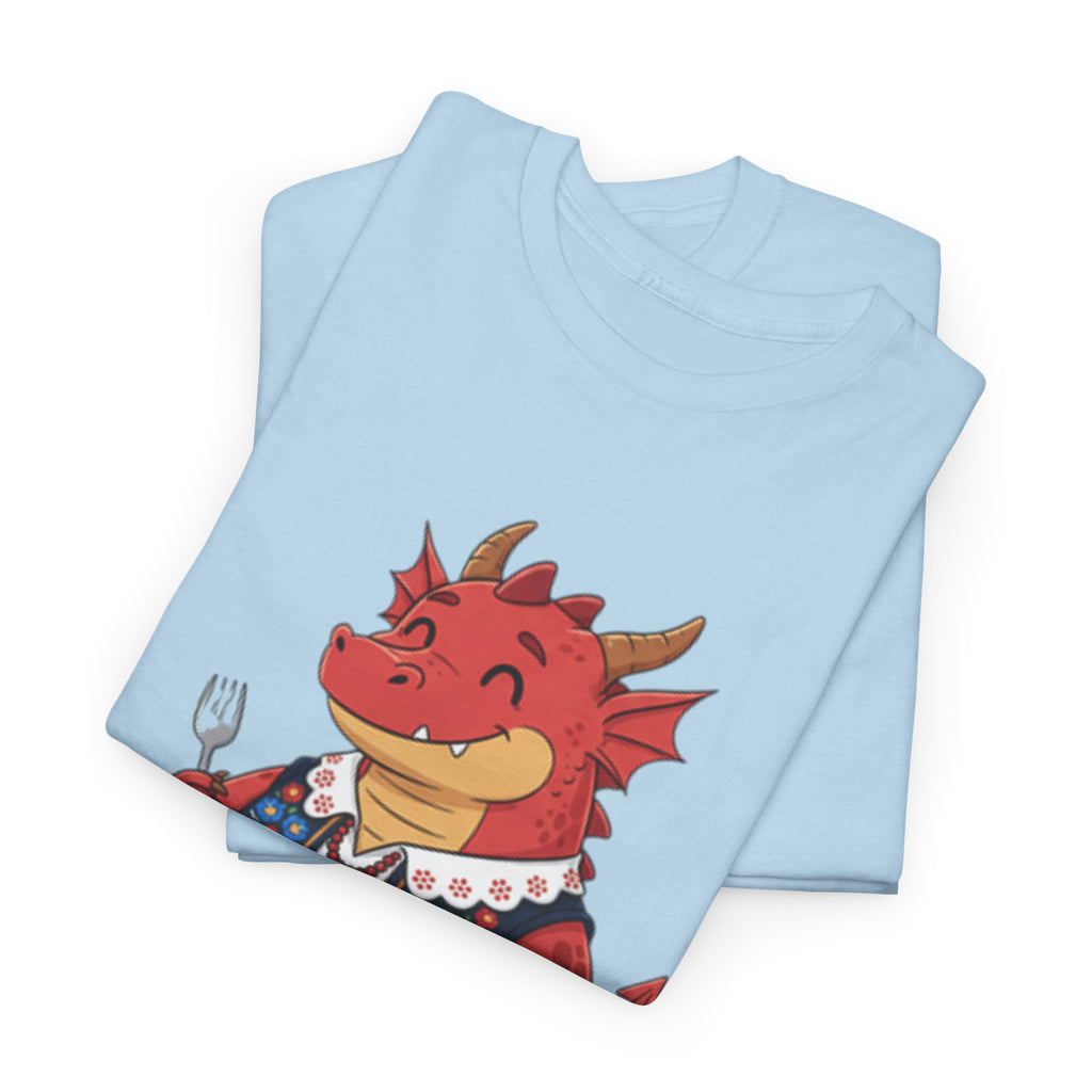 Dragon Eating Pierogi T-Shirt — "Mój nowy smok. Też lubi pierogi." Cute Polish Food Tee