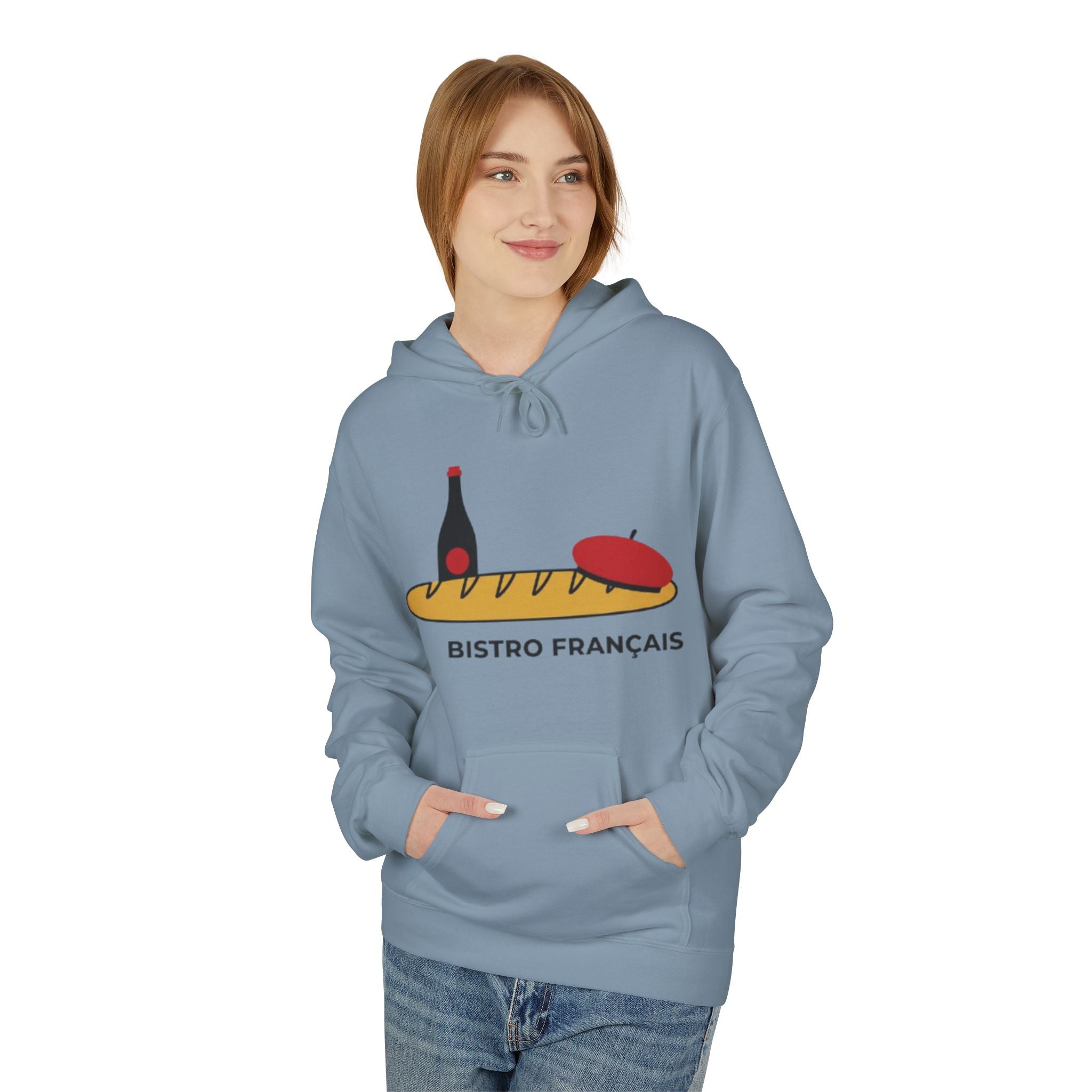 Bistro Français Hoodie — French Bistro Bread, Wine & Beret Graphic