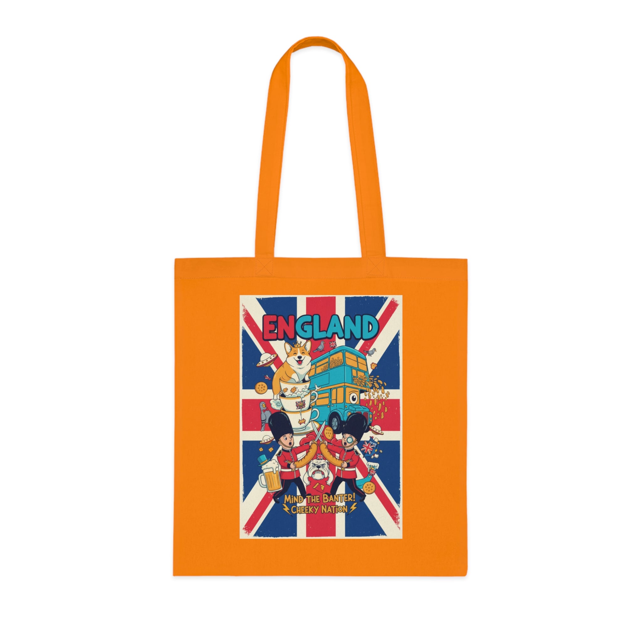 England Union Jack Cotton Tote Bag – Cute London Icons (Big Ben, Double Decker, Guards)