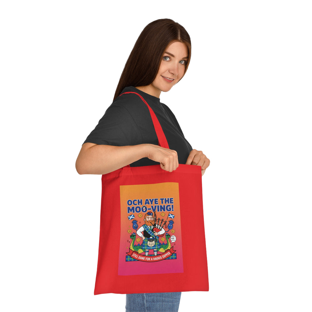 Scottish Cow Cartoon Cotton Tote — "Och Aye the Moo-ving!" Funny Celtic Grocery Bag