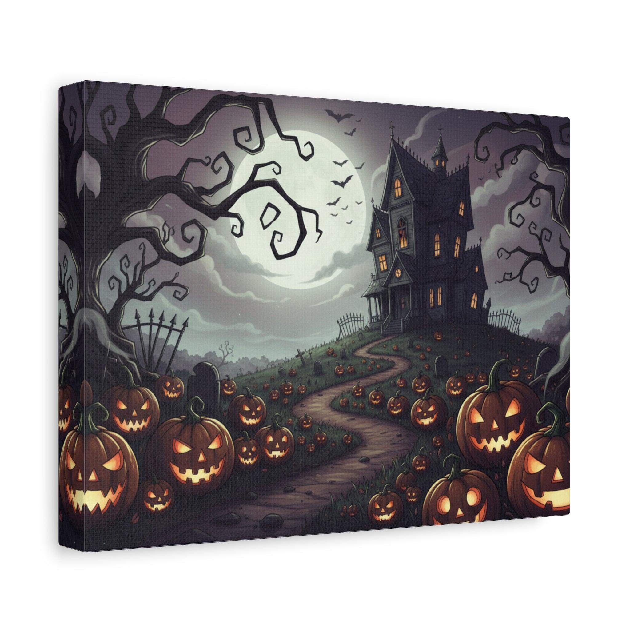 Haunted Pumpkin Patch Canvas Art — Spooky Halloween Haunted House Wall Decor