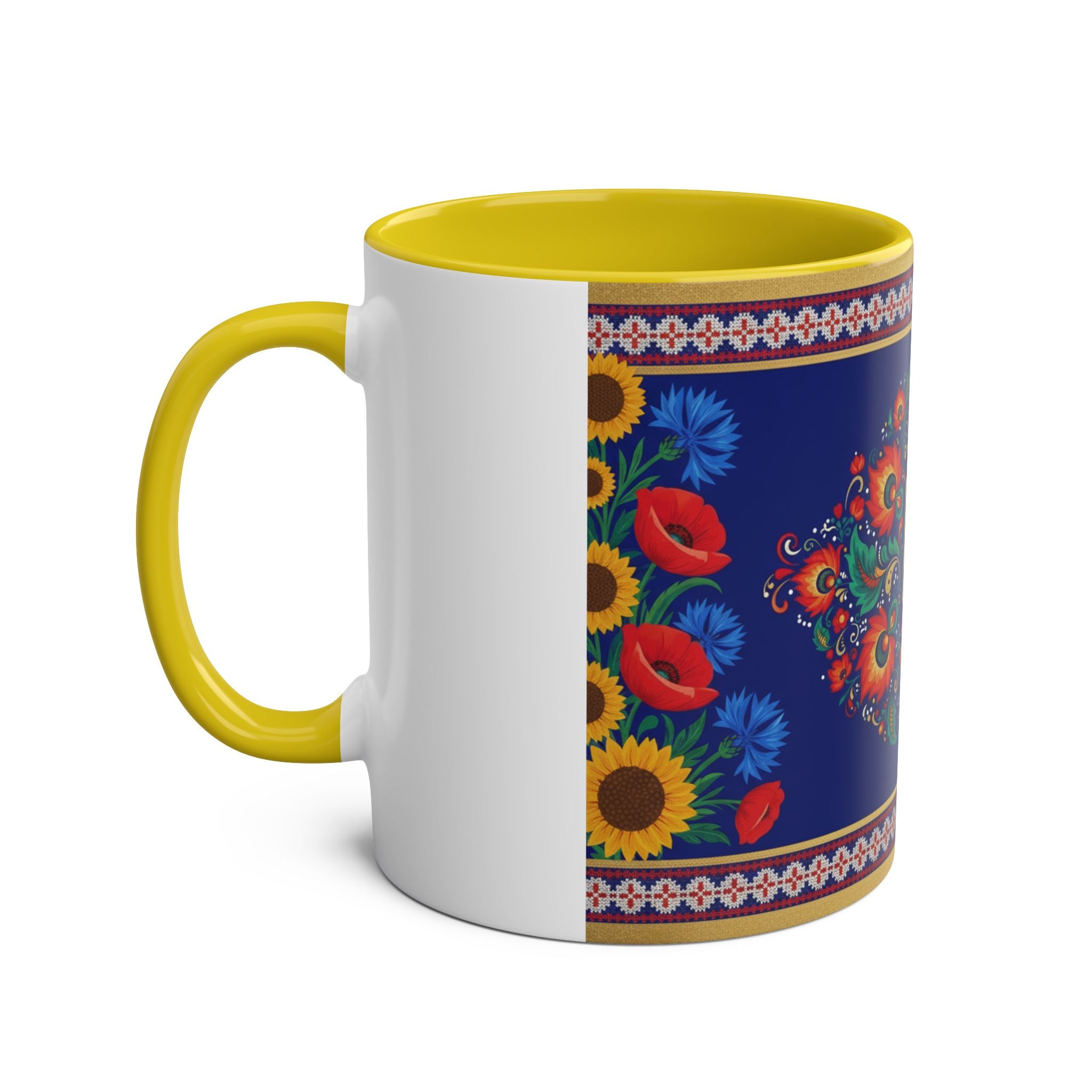 Ukrainian Floral Coffee Mug — Two-Tone 11oz with Tryzub & Folk Motif