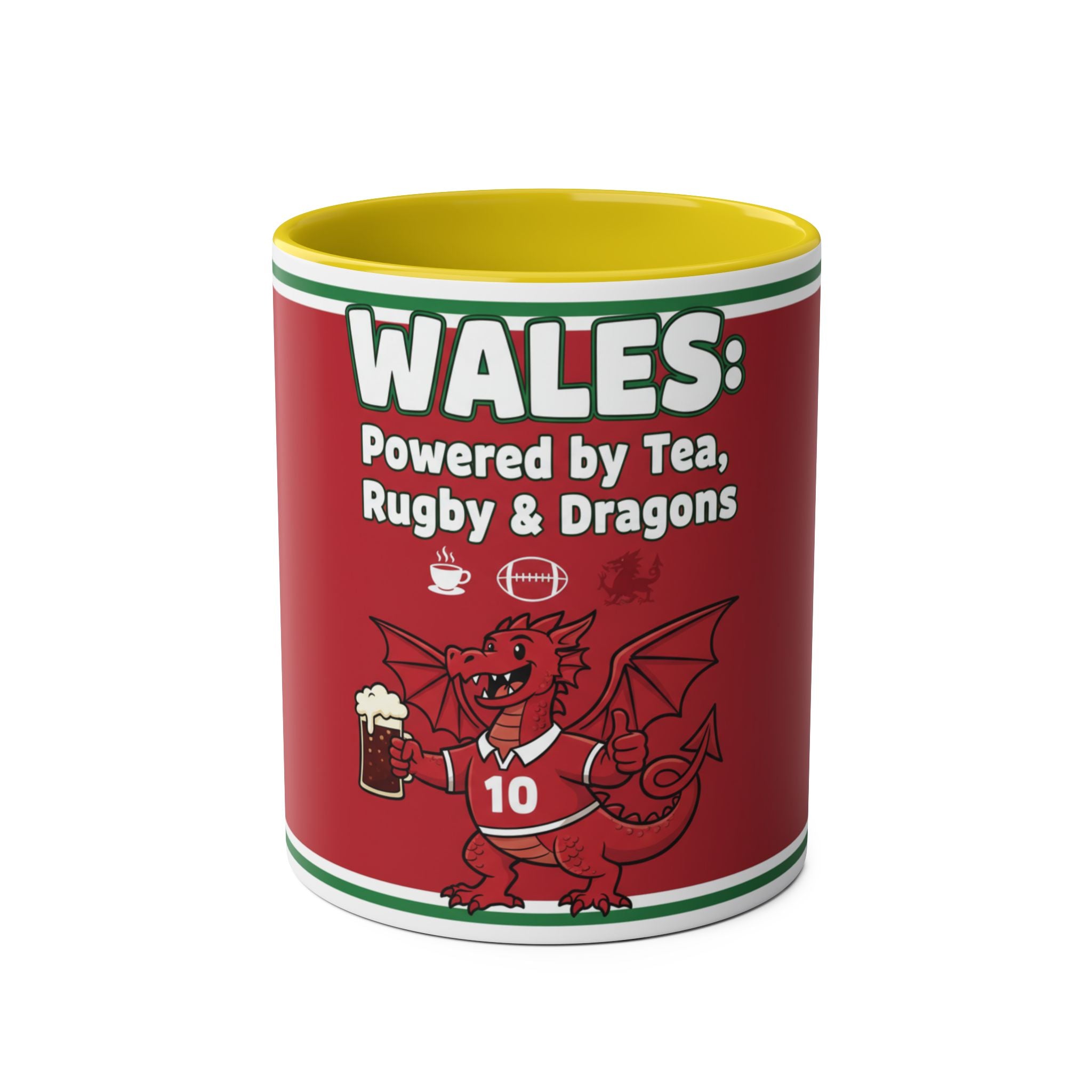 Wales Coffee Mug – "Wales: Powered by Tea, Rugby & Dragons" 11oz Two-Tone Mug