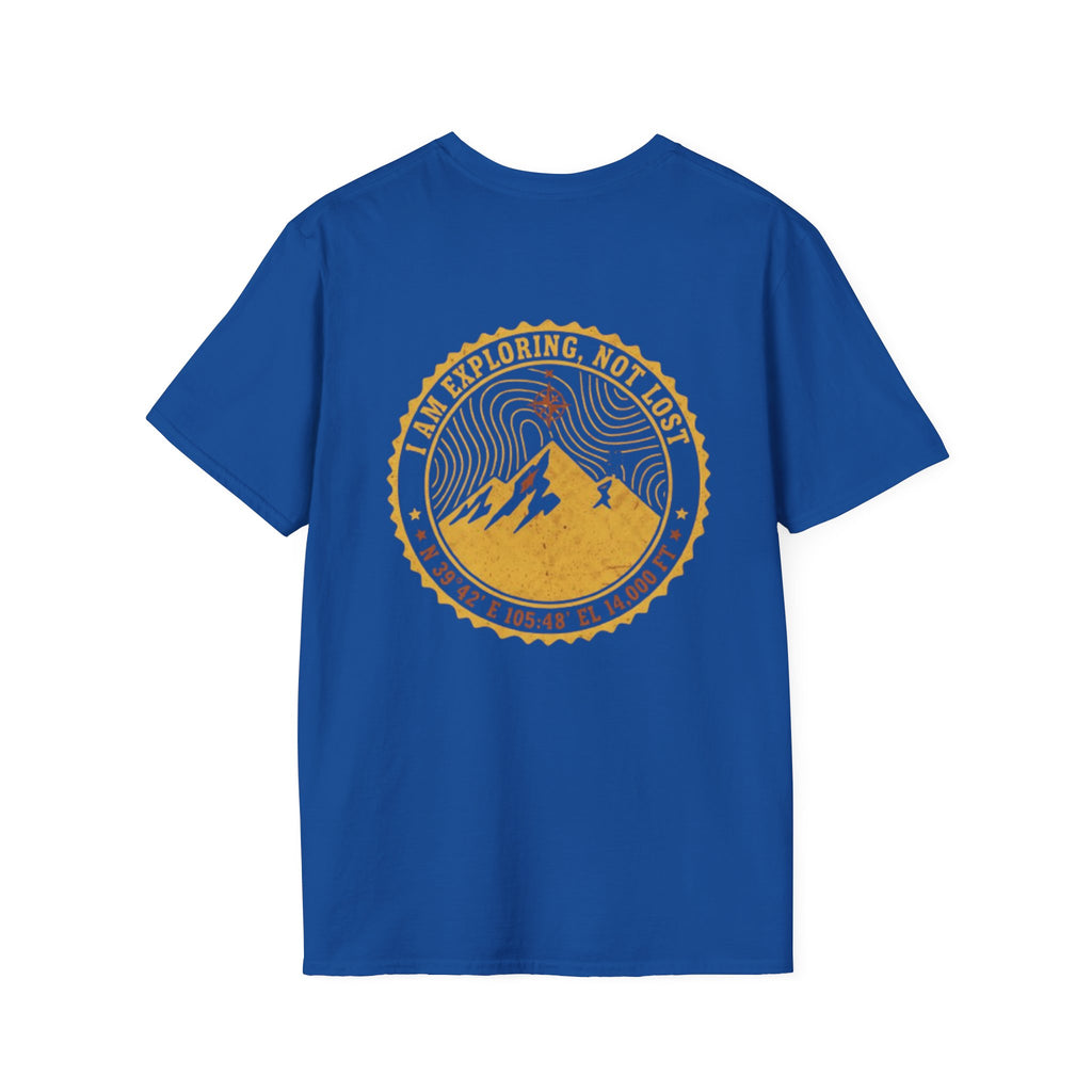 Hike Badge T-Shirt — 'Just Exploring, Not Lost' Mountain Graphic