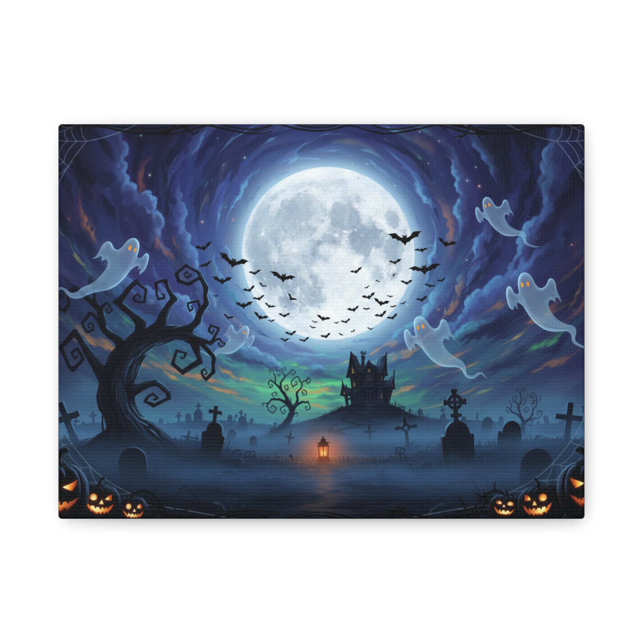 Spooky Night Halloween Canvas Wall Art — Haunted Moonlit Graveyard Scene