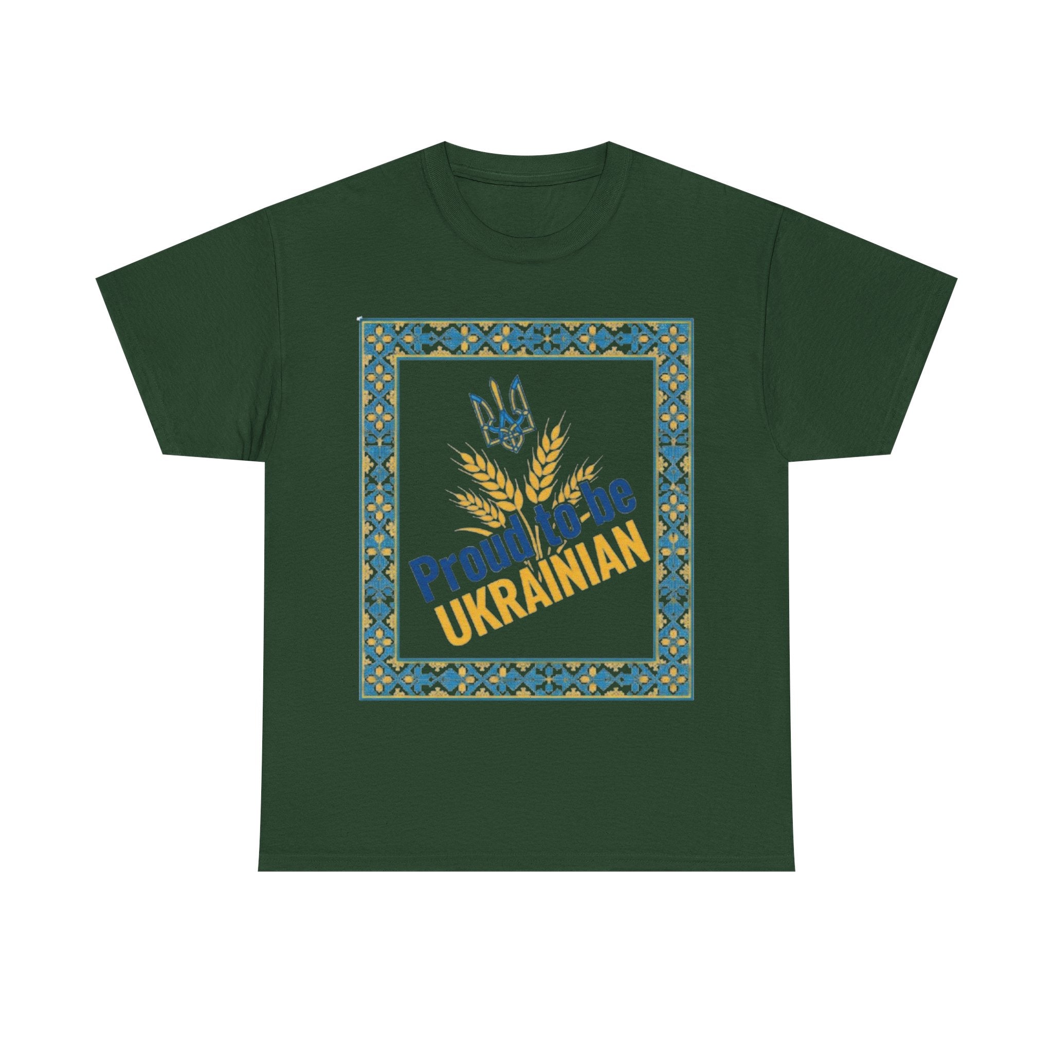 Proud to Be Ukrainian T-Shirt — Ukrainian Pride Tee with Tryzub & Wheat Design