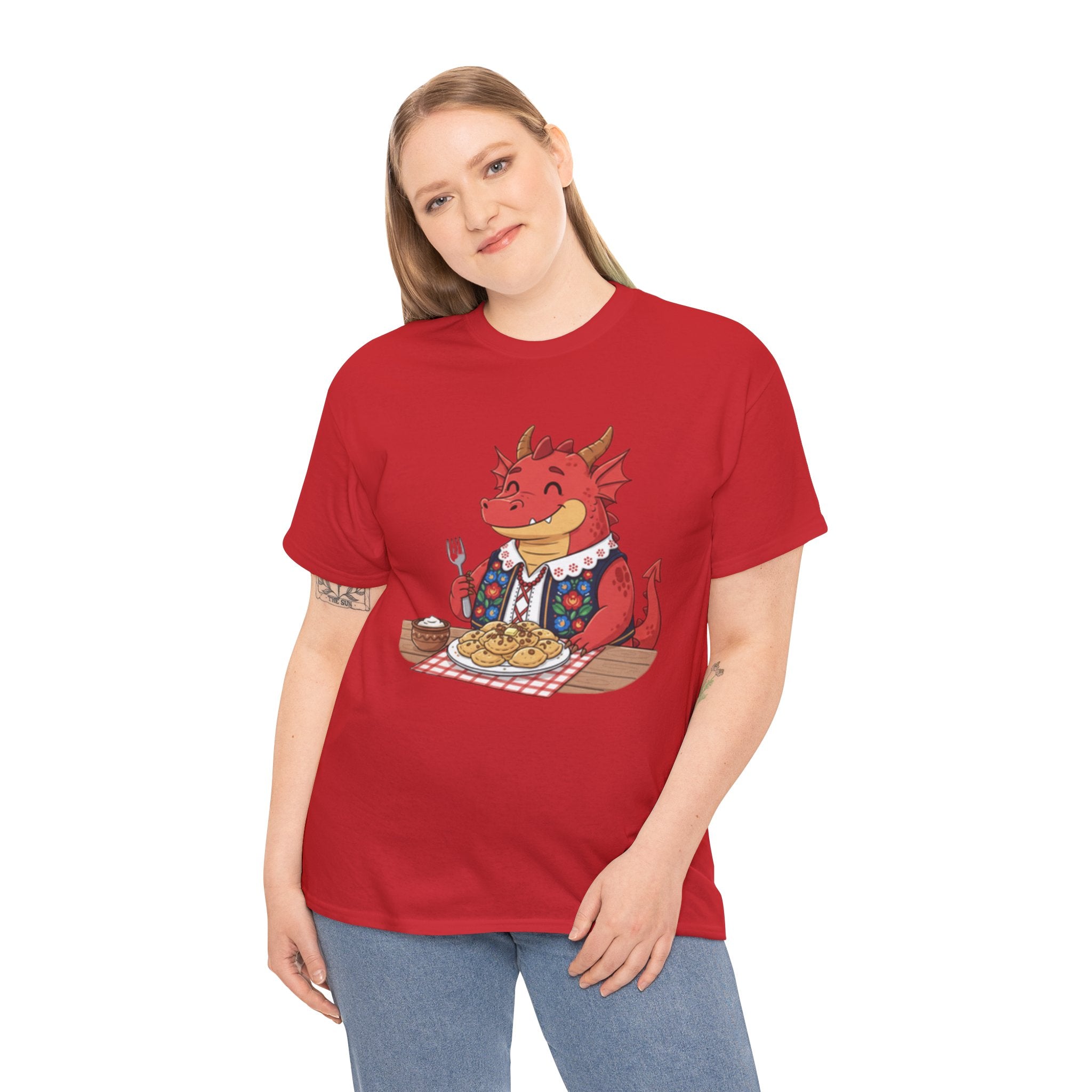 Dragon Eating Pierogi T-Shirt — "Mój nowy smok. Też lubi pierogi." Cute Polish Food Tee
