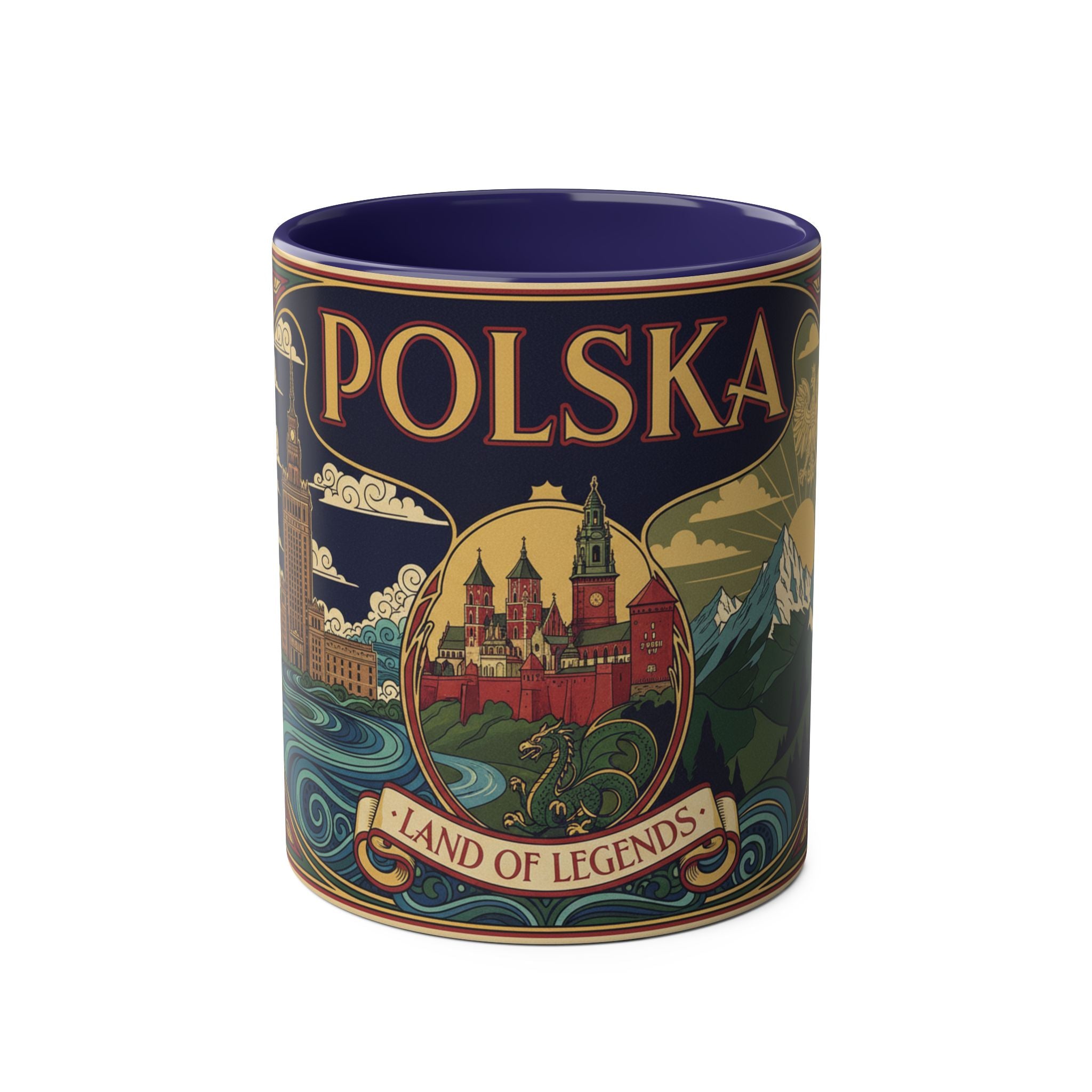 Polska 'Land of Legends' Two-Tone Coffee Mug — 11oz Polish Travel Poster Design