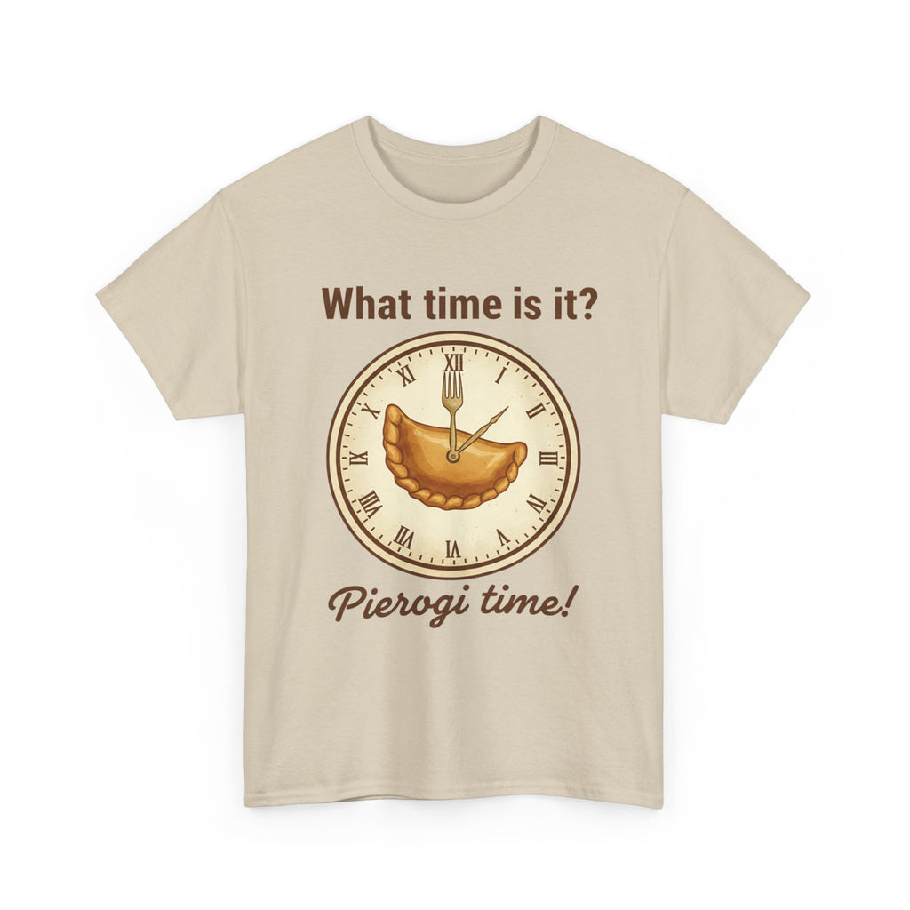 Pierogi Time T‑Shirt — "What time is it? Pierogi time!" Vintage Clock Food Tee