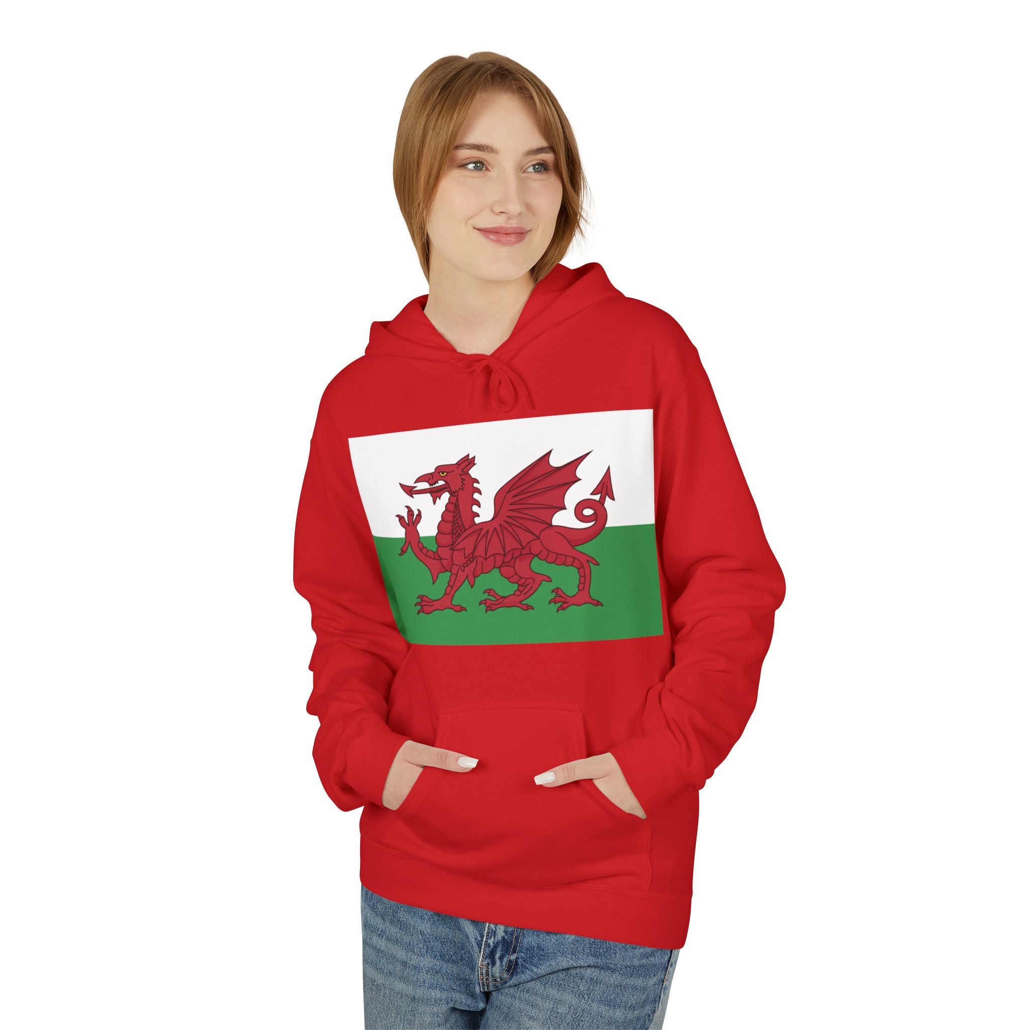 Welsh Dragon Hoodie — Retro Flag Front & Cute Red Dragon Back