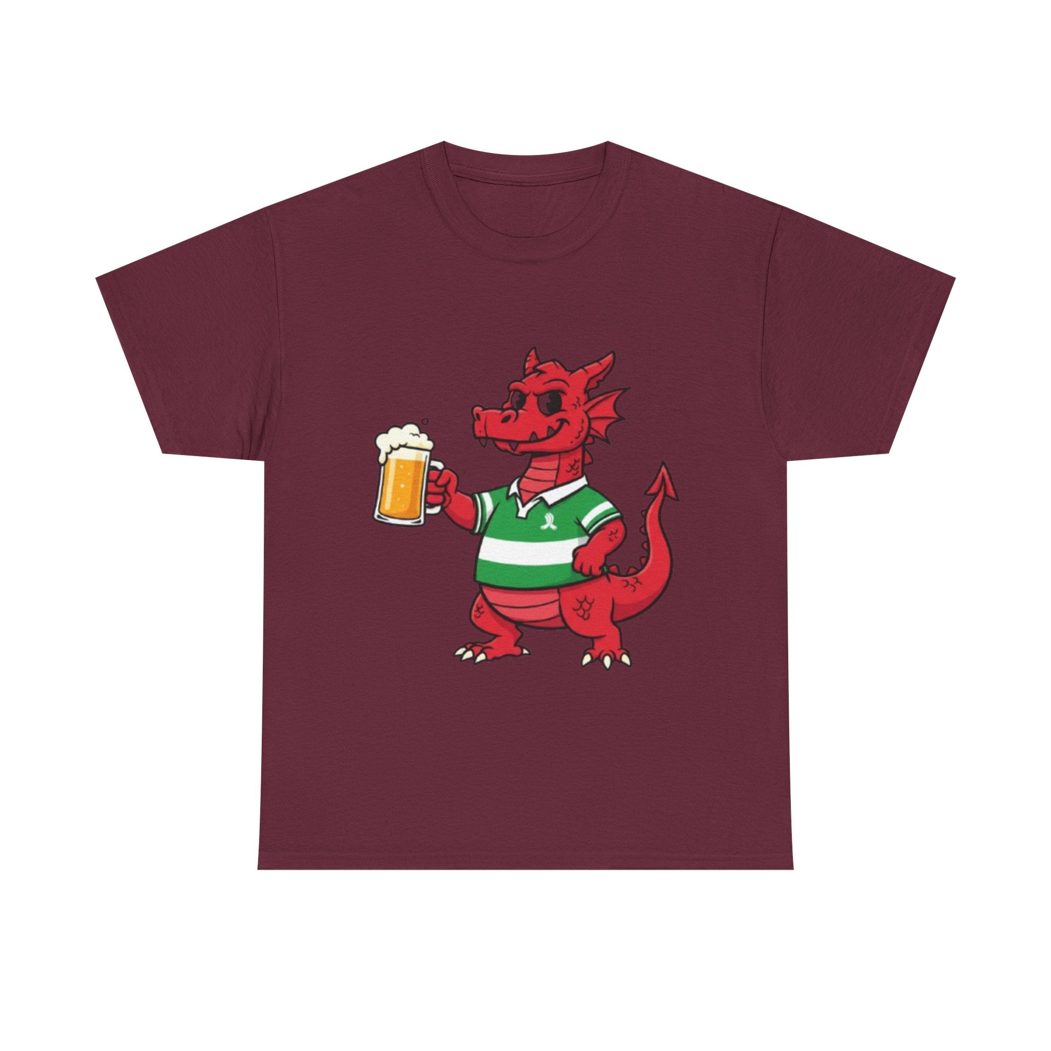 Dragon Cheers T‑Shirt — Cute Red Dragon Holding Beer Graphic Tee