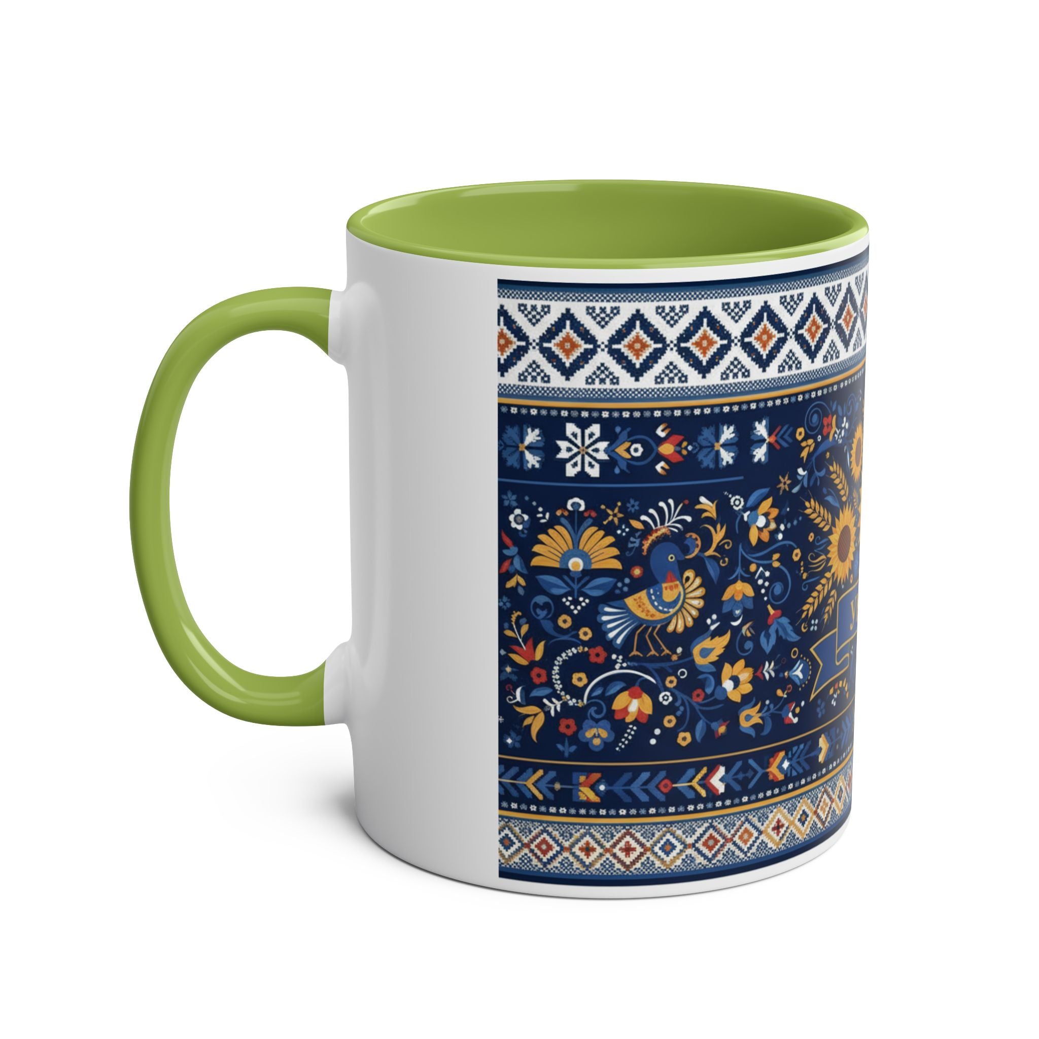 Ukraine Sunflowers Ceramic Mug — Two-Tone 11oz Coffee Cup with Ukrainian Folk Pattern