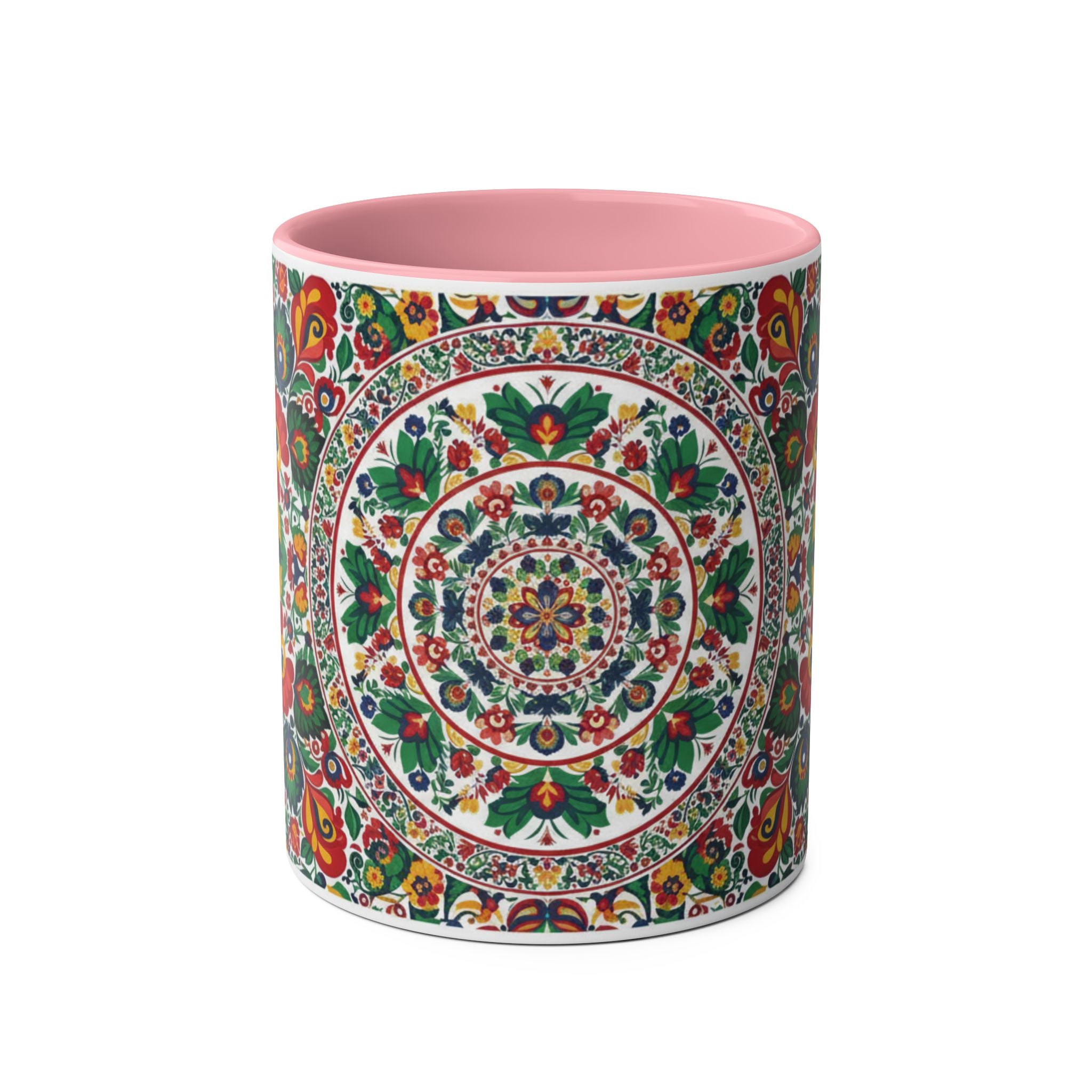 Floral Mandala Two-Tone Coffee Mug — Colorful Folk Art 11oz