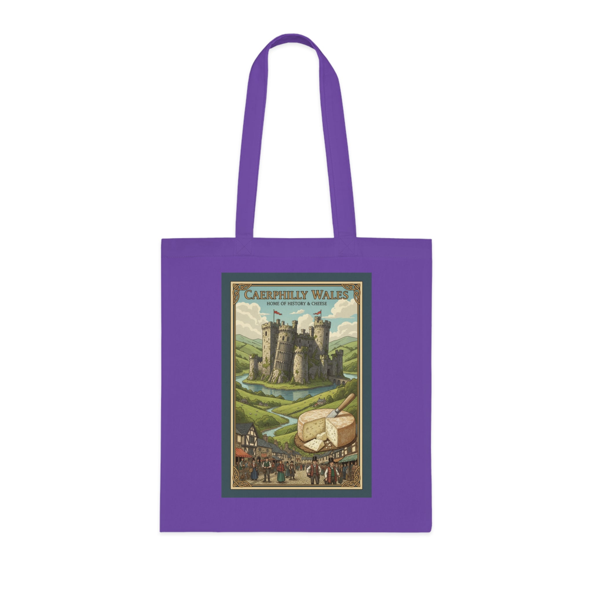 Vintage Castle & Cheese Market Cotton Tote — 'Caerphilly Wales' Retro Travel Poster Tote
