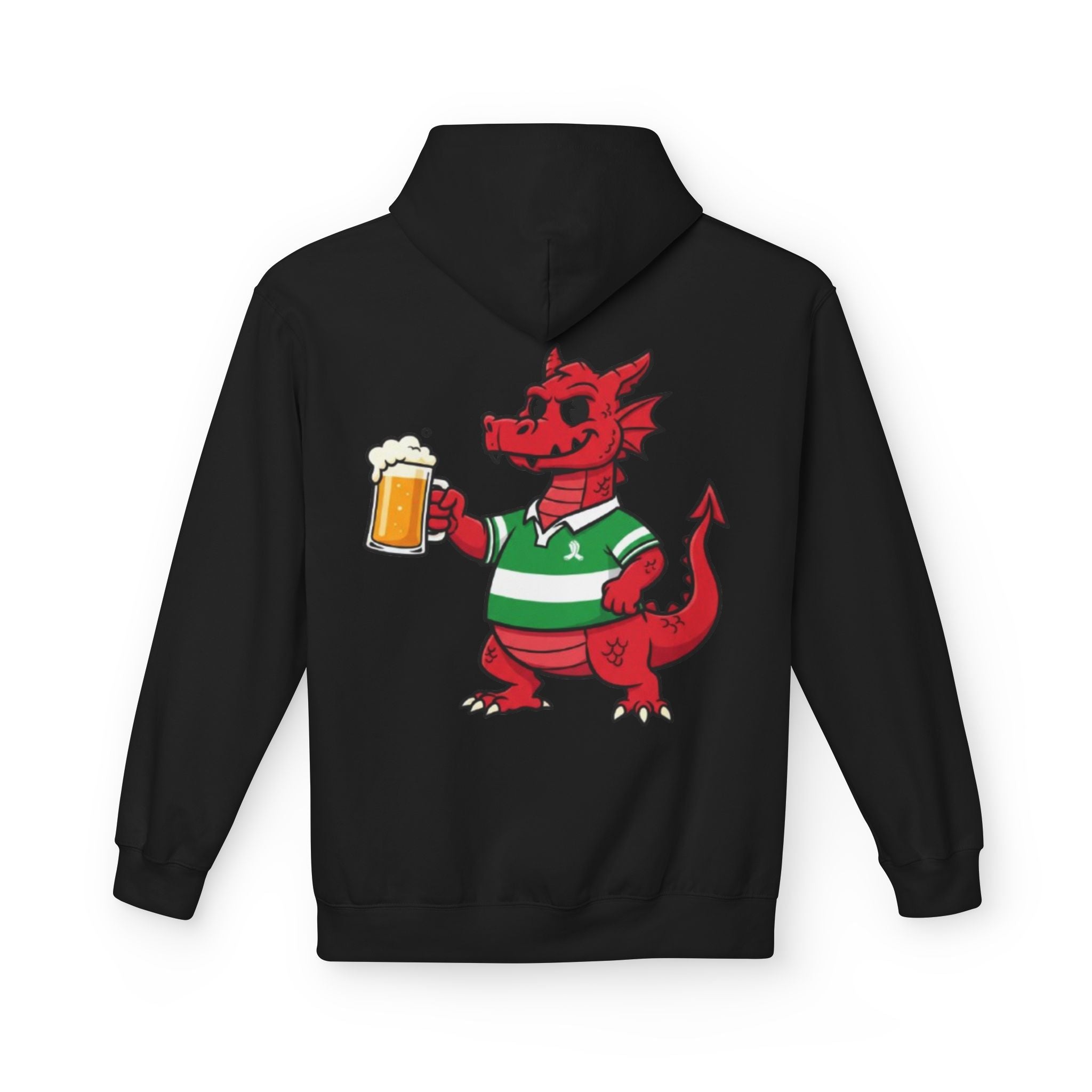 Welsh Dragon Drinking Beer Hoodie — Rugby Pub Fan Pullover