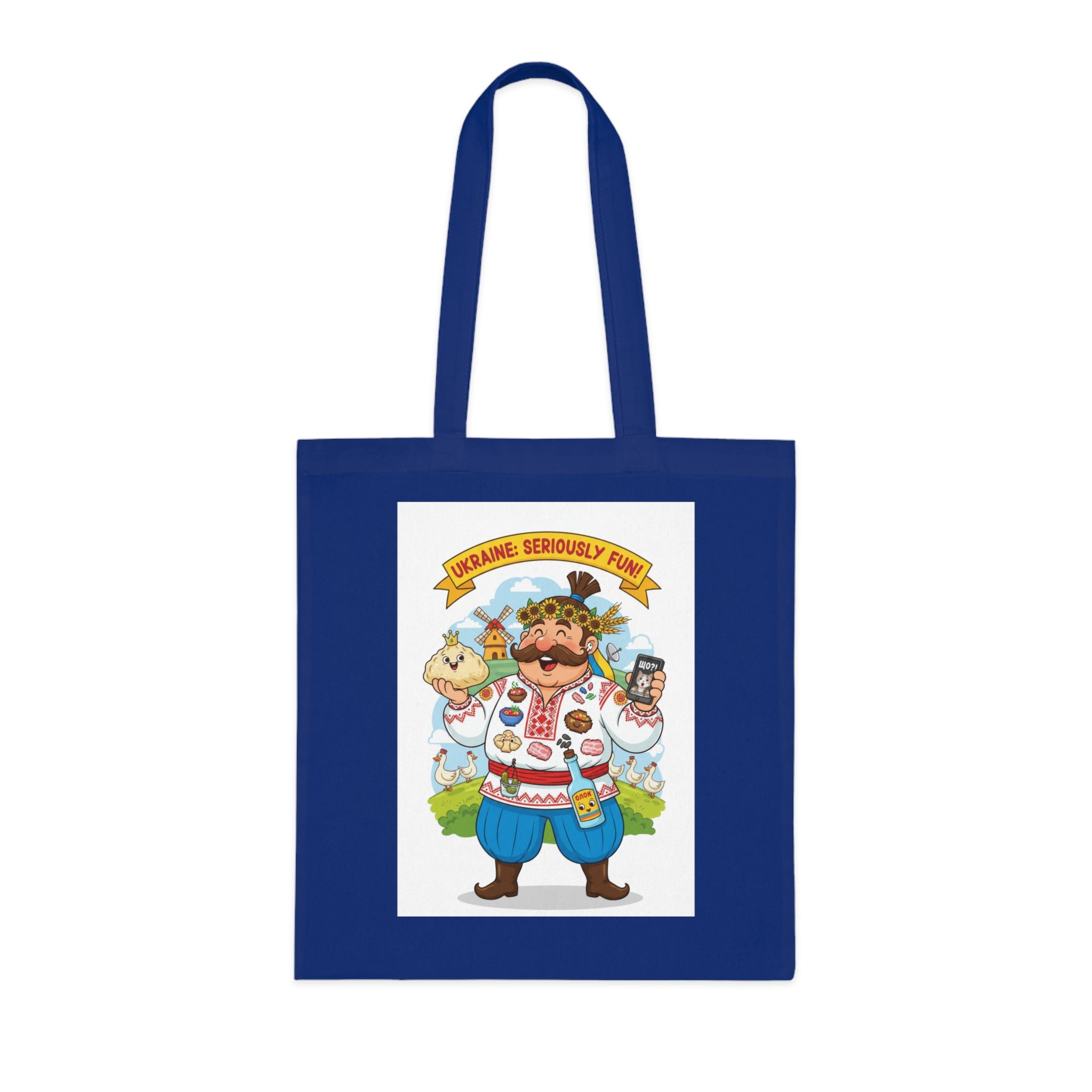Ukrainian Pride Cotton Tote — "Ukraine Seriously? Fun!" Folk Character Market Bag