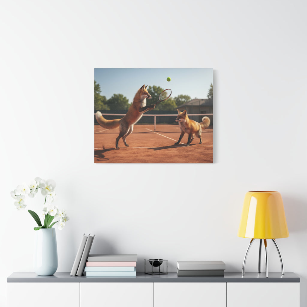 Foxes Playing Tennis Matte Canvas Wall Art — Whimsical Animal Sports Print