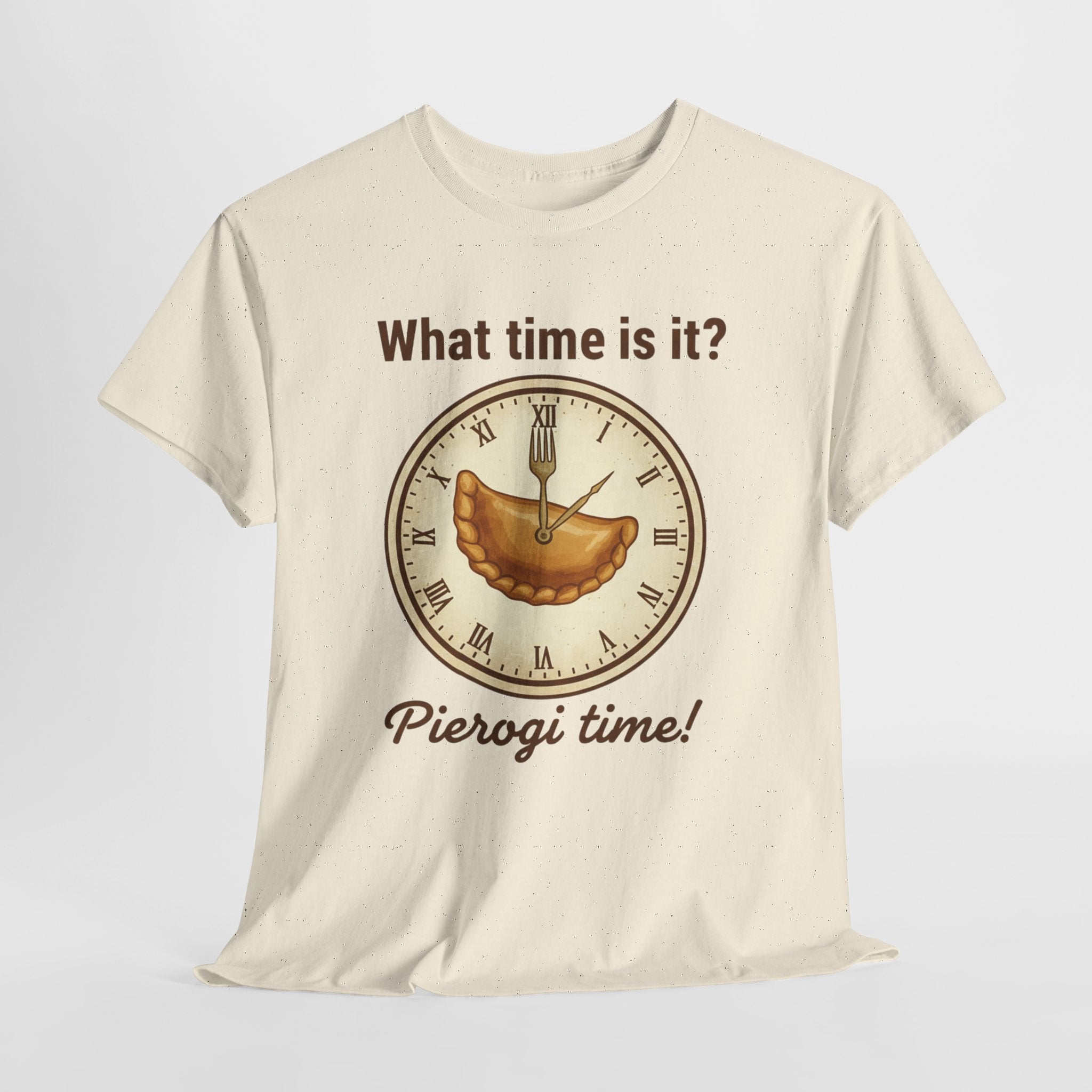 Pierogi Time T‑Shirt — "What time is it? Pierogi time!" Vintage Clock Food Tee