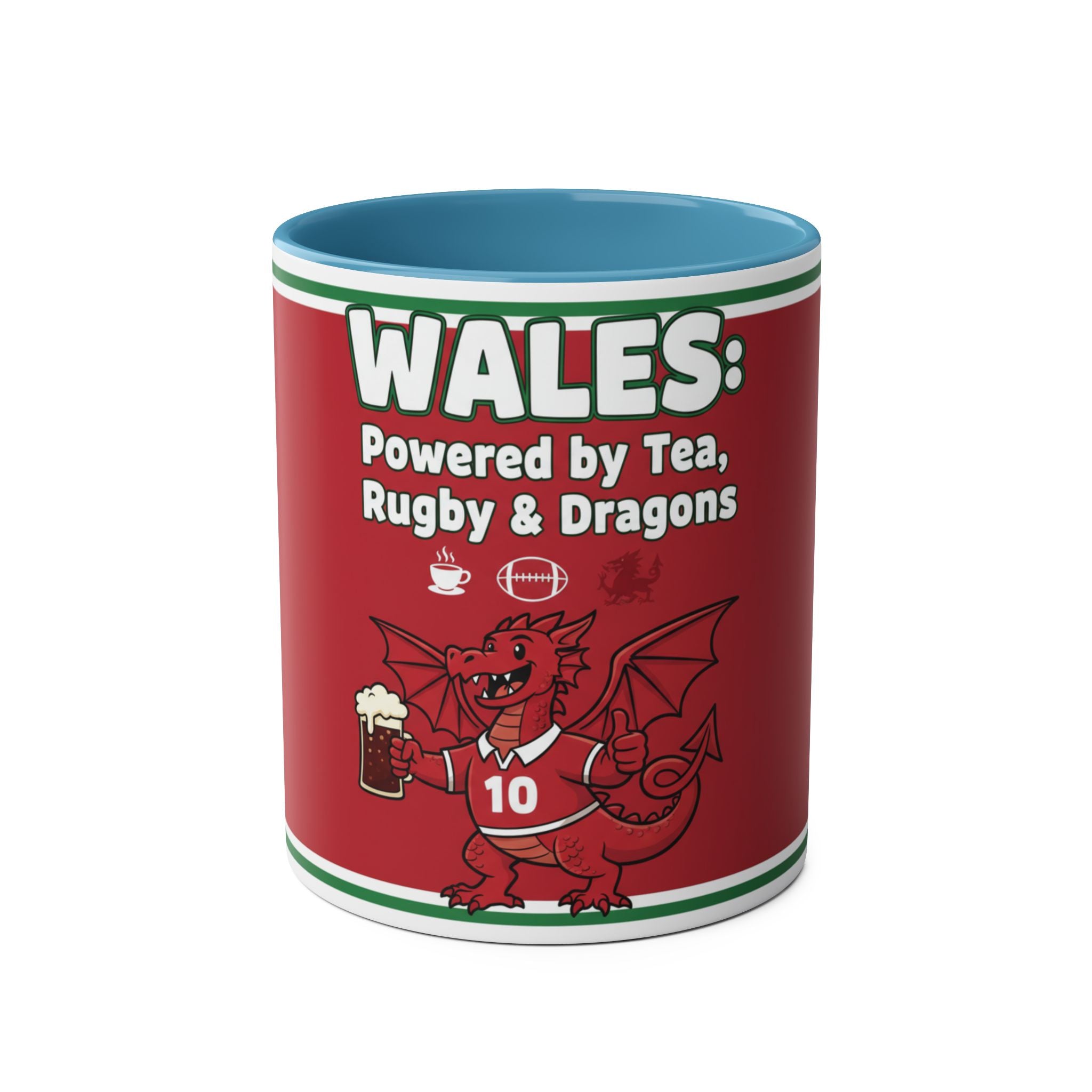 Wales Coffee Mug – "Wales: Powered by Tea, Rugby & Dragons" 11oz Two-Tone Mug
