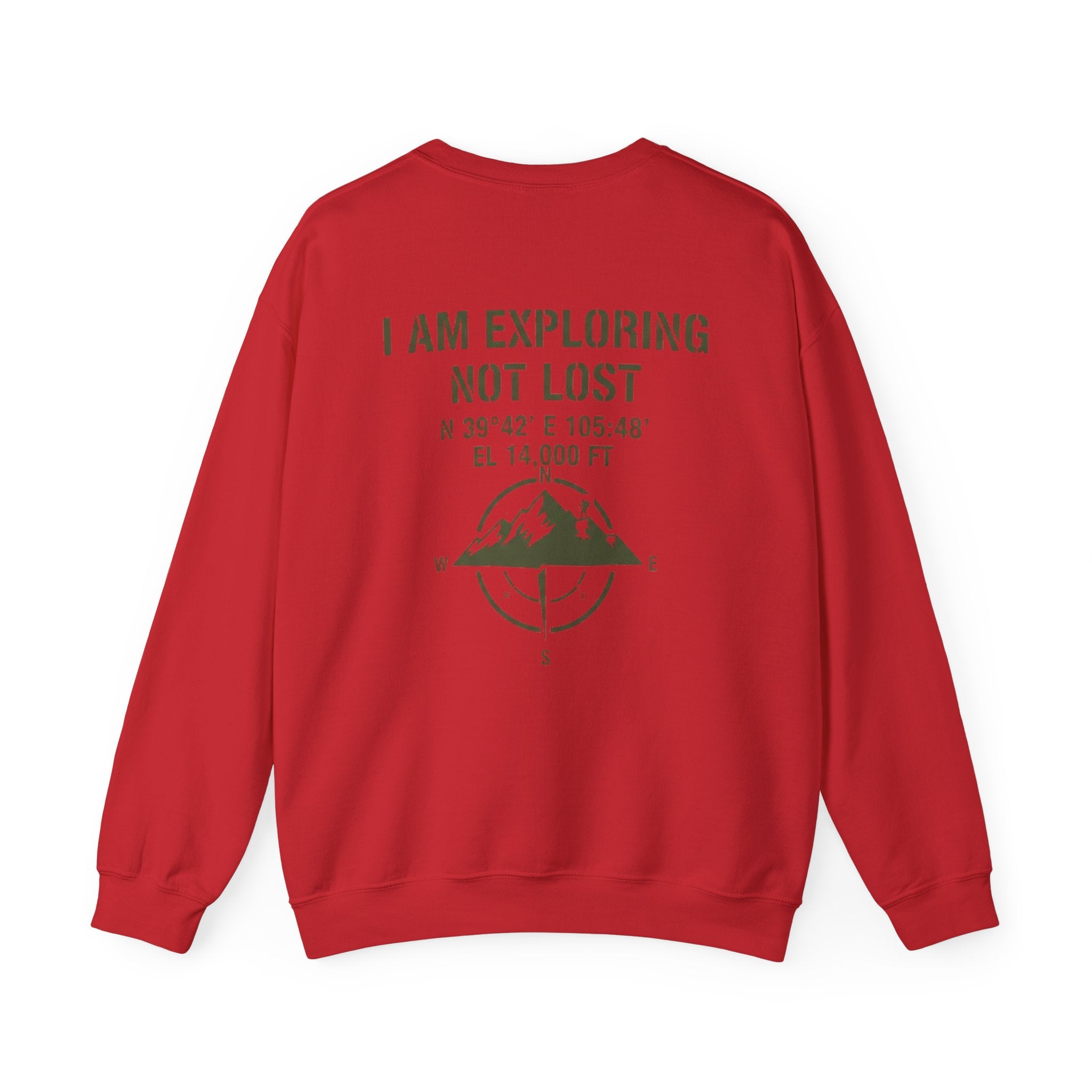 Exploring Not Lost Crewneck Sweatshirt — Mountain Compass Adventure Graphic