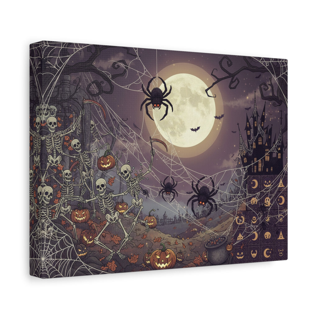 Halloween Night Canvas Print — Spooky Pumpkin, Skeletons & Moonlit Haunted Castle